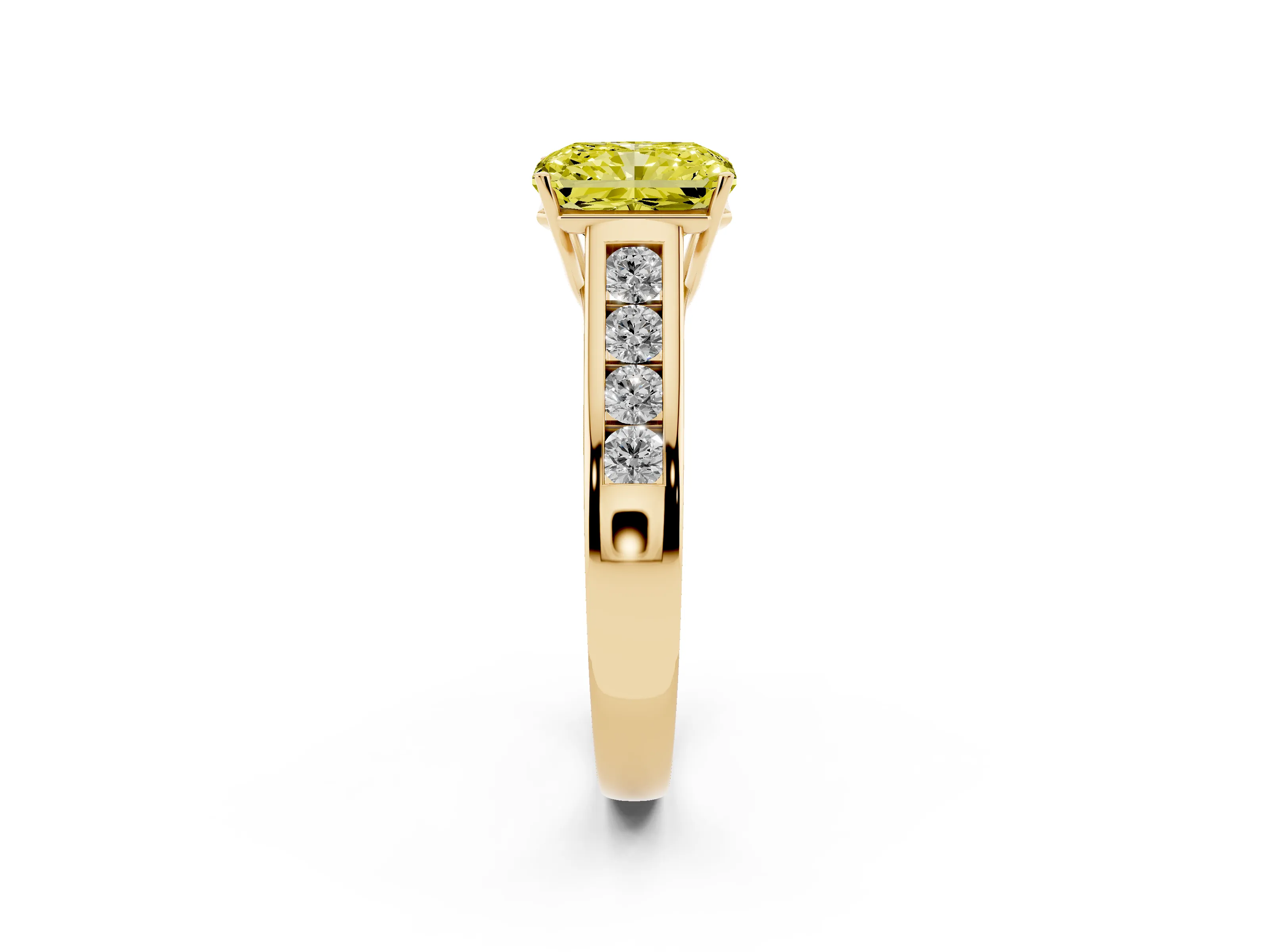 Fancy Yellow Radiant Cut Diamond Brilliant Channel-Set Solitaire Ring Set in Yellow gold with Prong Setting