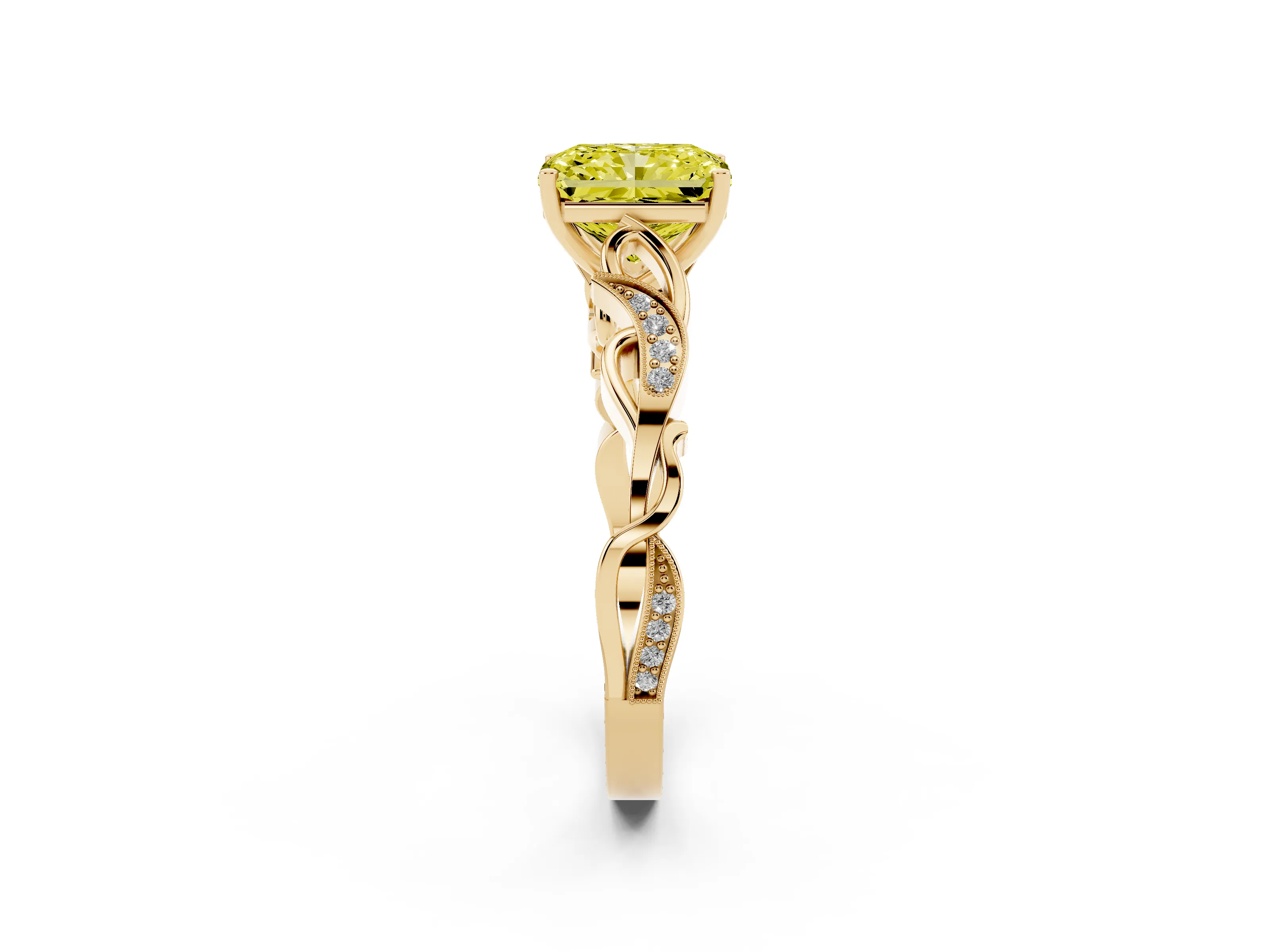 Fancy Yellow Radiant Cut Diamond Vine Band Solitaire Ring Set in Yellow gold with Milgrain Prong Setting