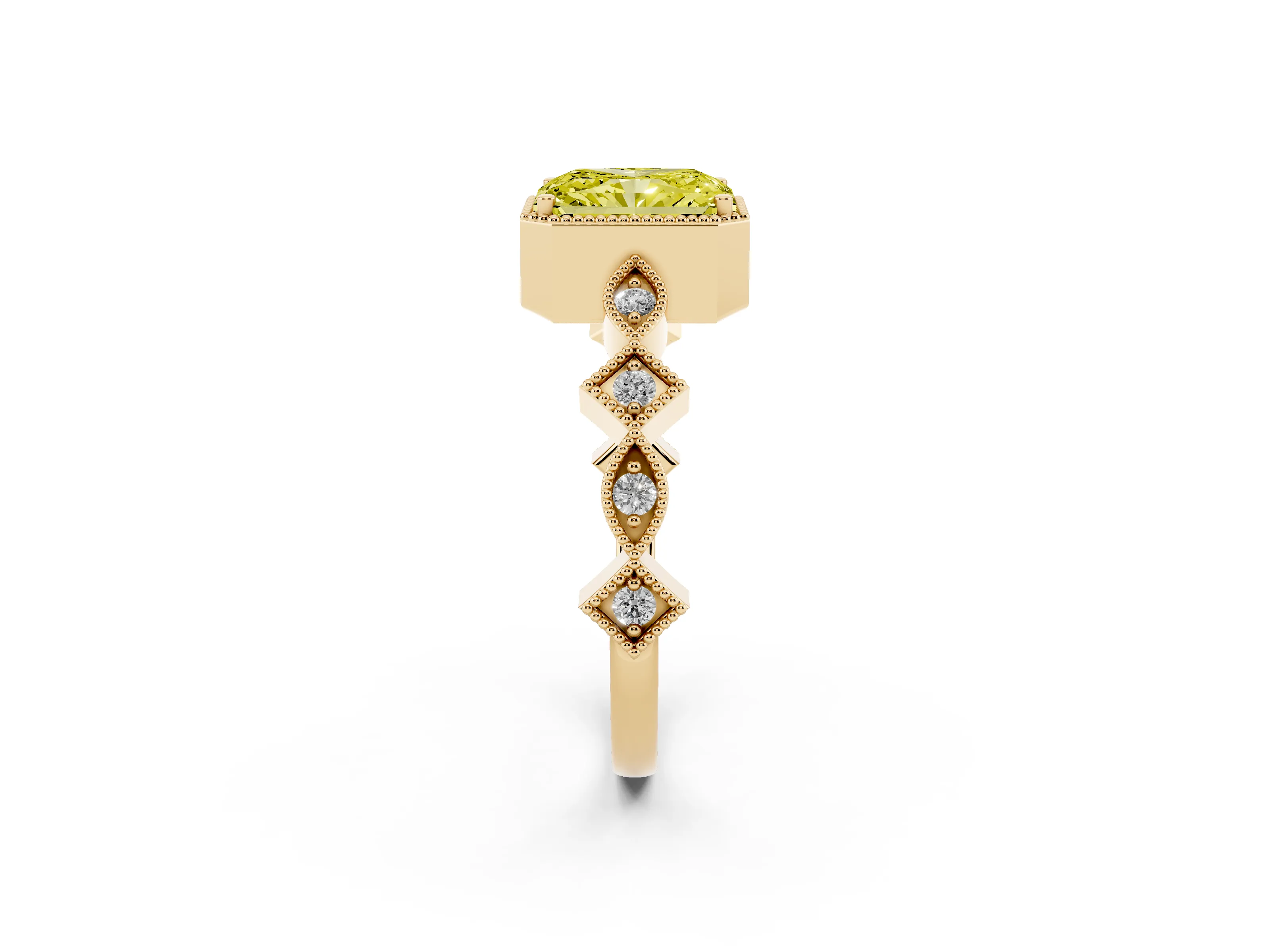 Fancy Yellow Radiant Cut Diamond Milgrain Marquise Twist Band Ring Set in Yellow gold with Prong Setting