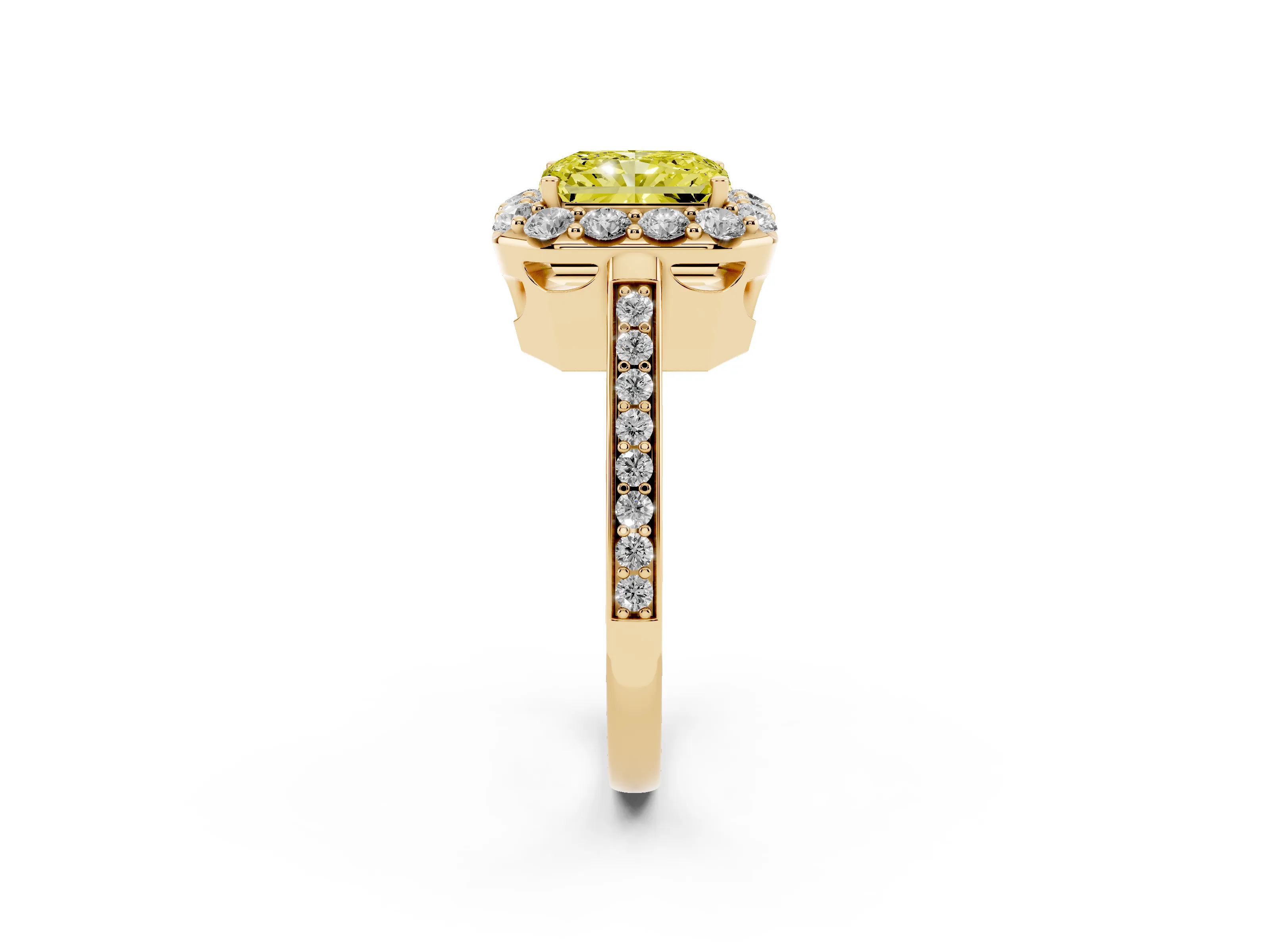 Fancy Yellow Radiant Cut Diamond Floral Halo Ring Set in Yellow gold with Pavé Band and Prong Setting