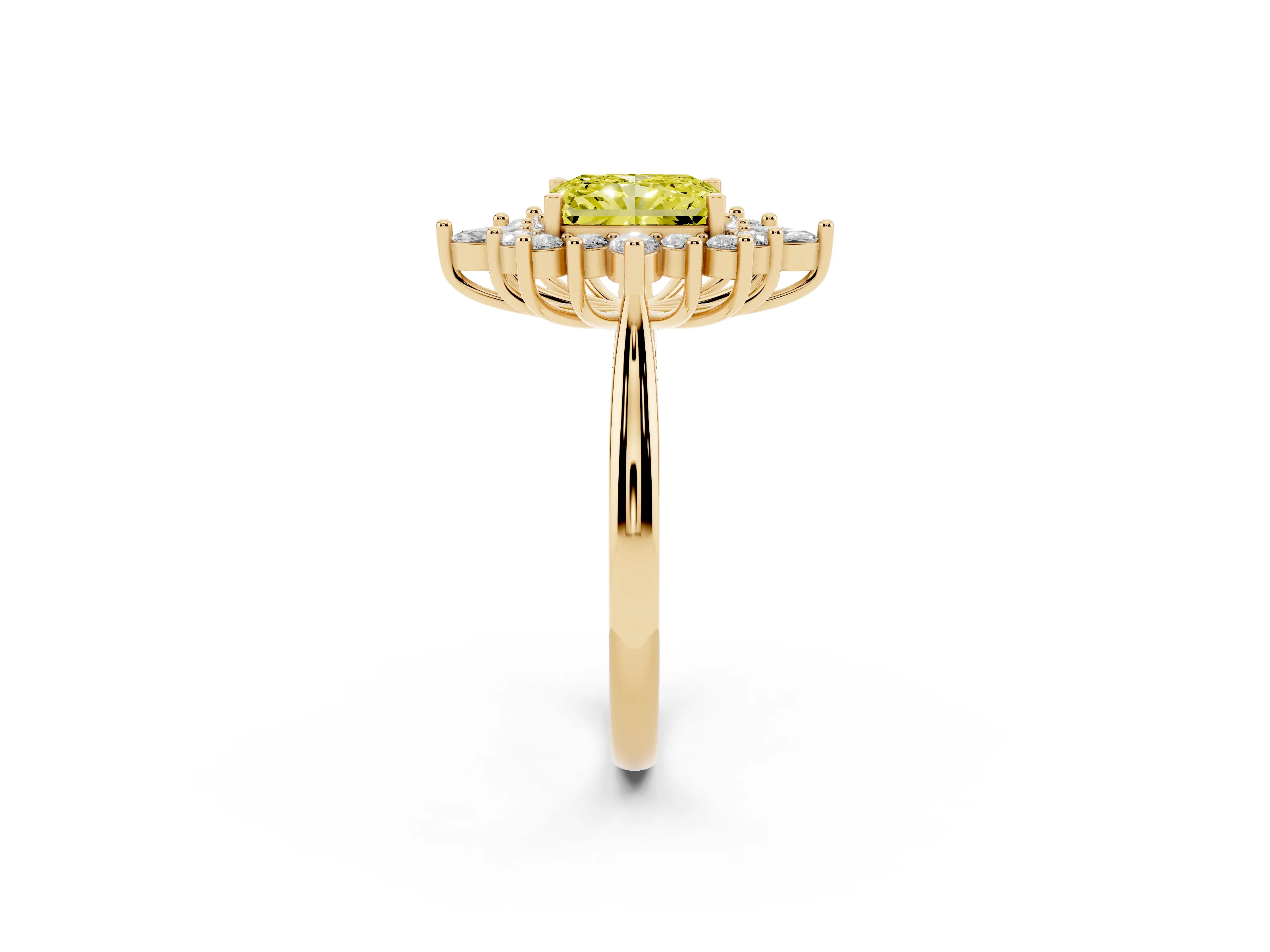 Fancy Yellow Radiant Cut Diamond Cluster Halo Ring Set in Yellow gold with Marquise and Round Accents