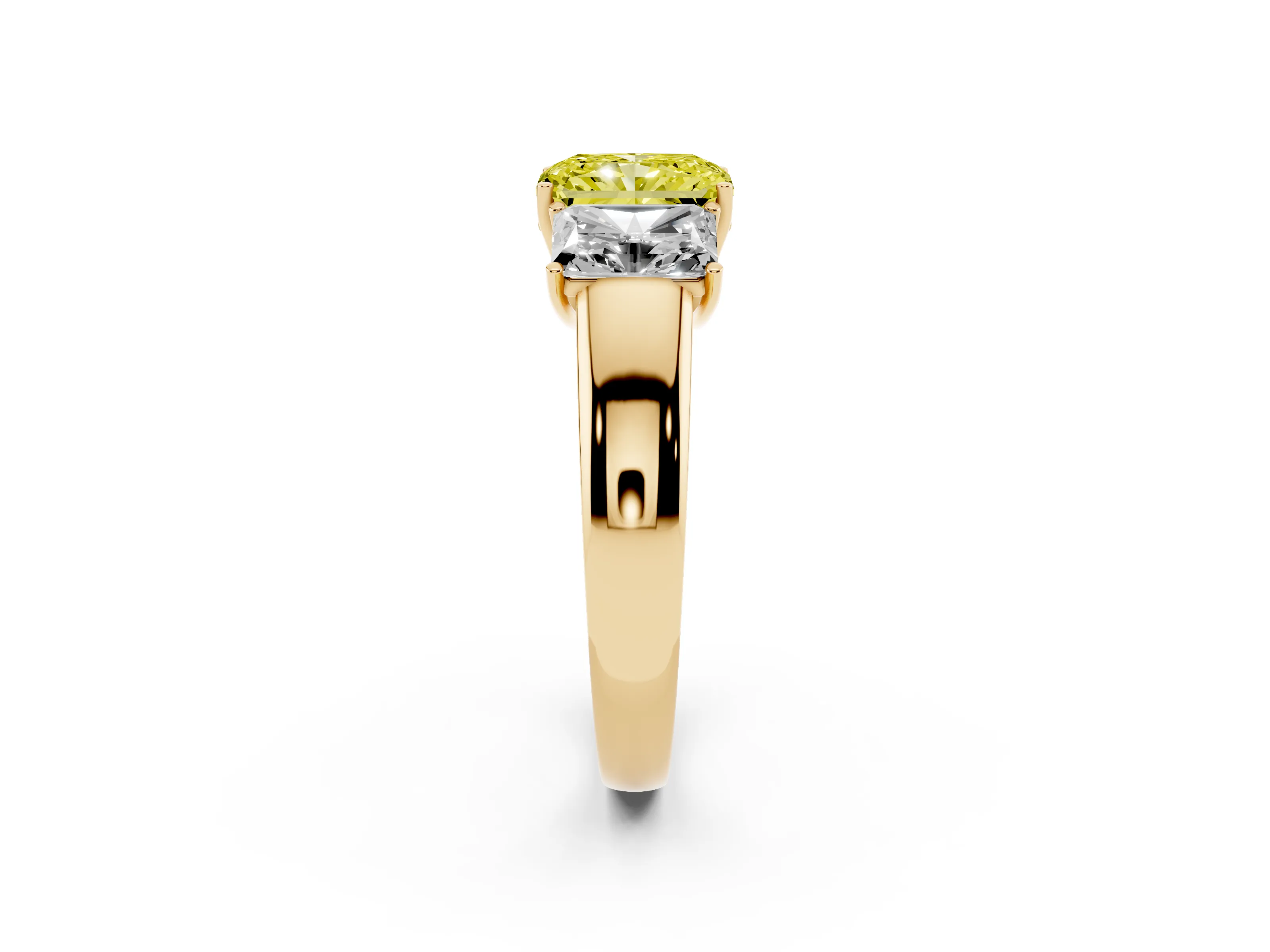 Fancy Yellow Three-Stone Radiant Cut Diamond Ring Set in Yellow gold with Matching Prong Settings and Plain Band