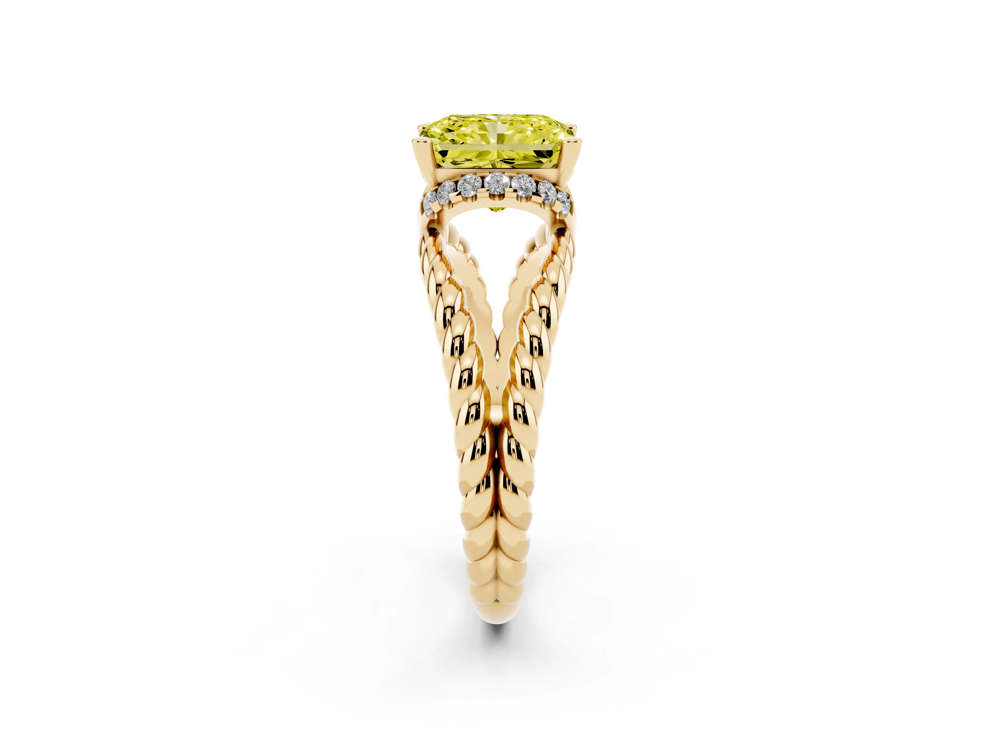 Fancy Yellow Radiant Cut Diamond Halo Ring Set in Yellow gold with Twisted Band and Prong Setting