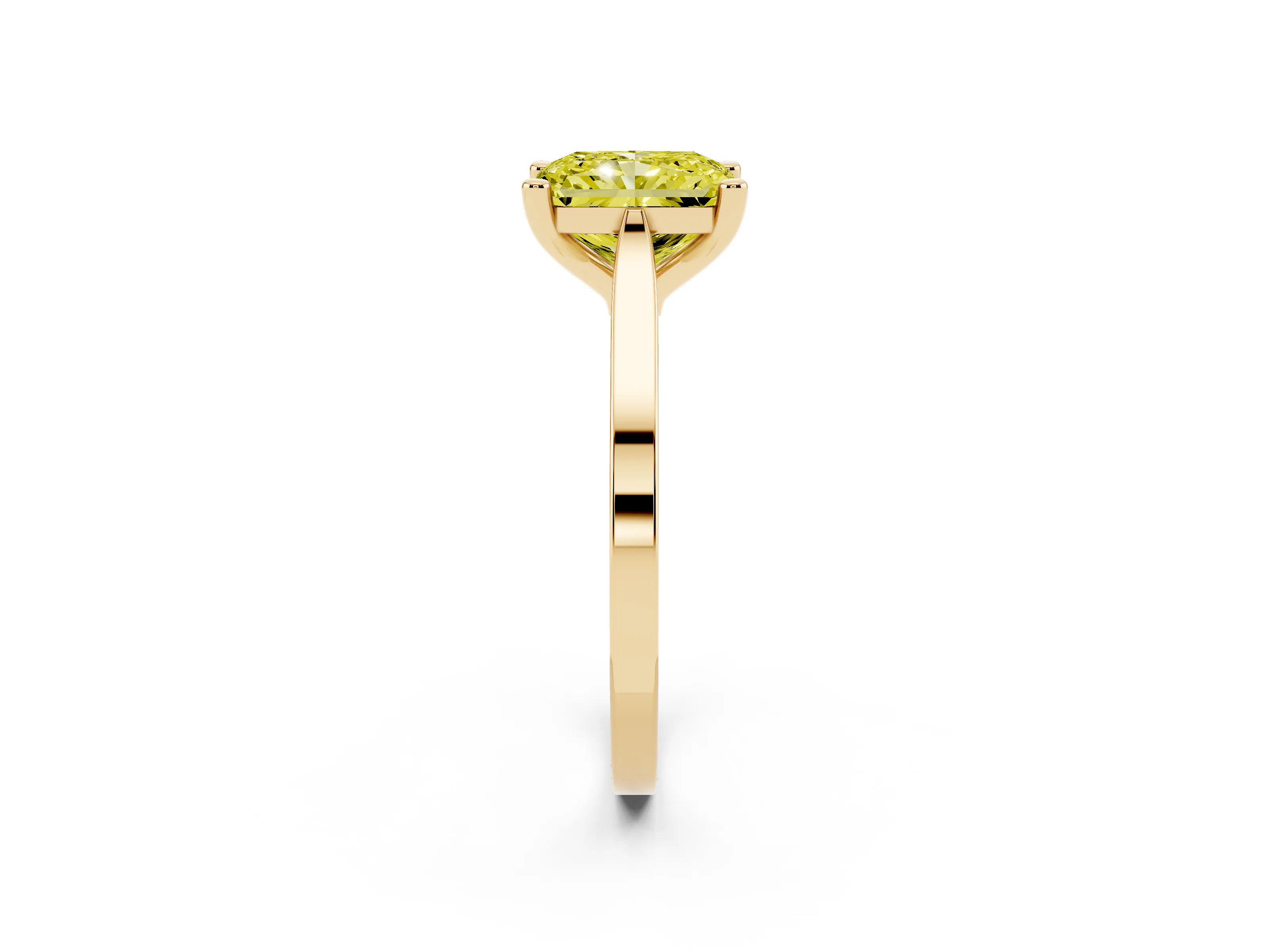 Fancy Yellow Radiant Cut Diamond Solitaire Ring Set in Yellow gold with Prong Setting and Tapered Band
