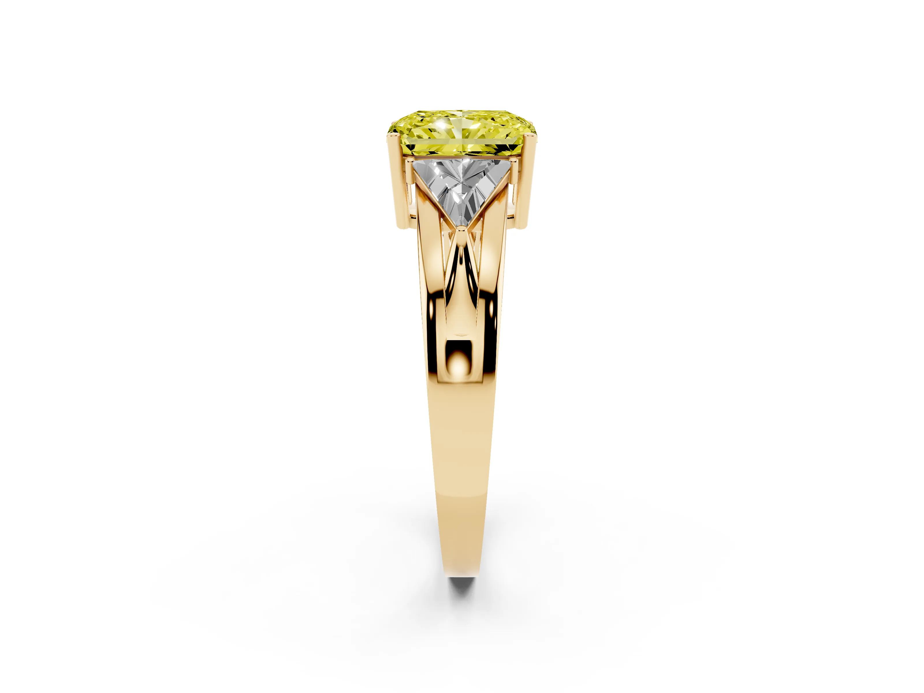 Fancy Yellow Radiant Cut Diamond Three-Stone Ring Set in Yellow gold with Trillion Side Stones and Split Shank