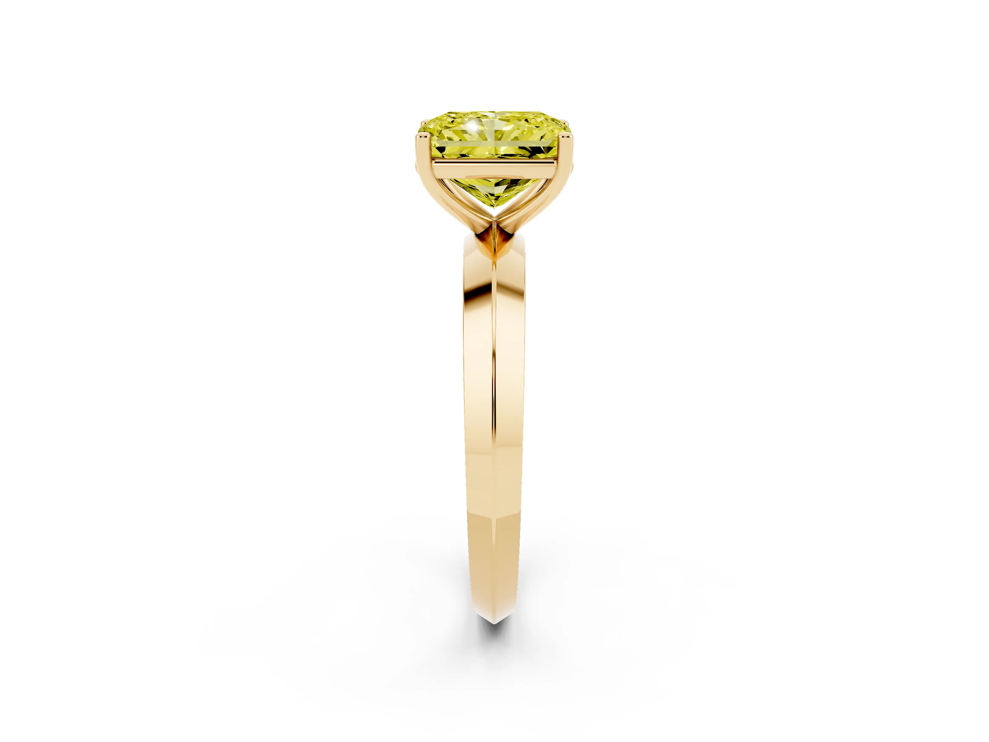 Fancy Yellow Radiant Cut Diamond Solitaire Engagement Ring Set in Yellow gold with Flat Band and Prong Setting