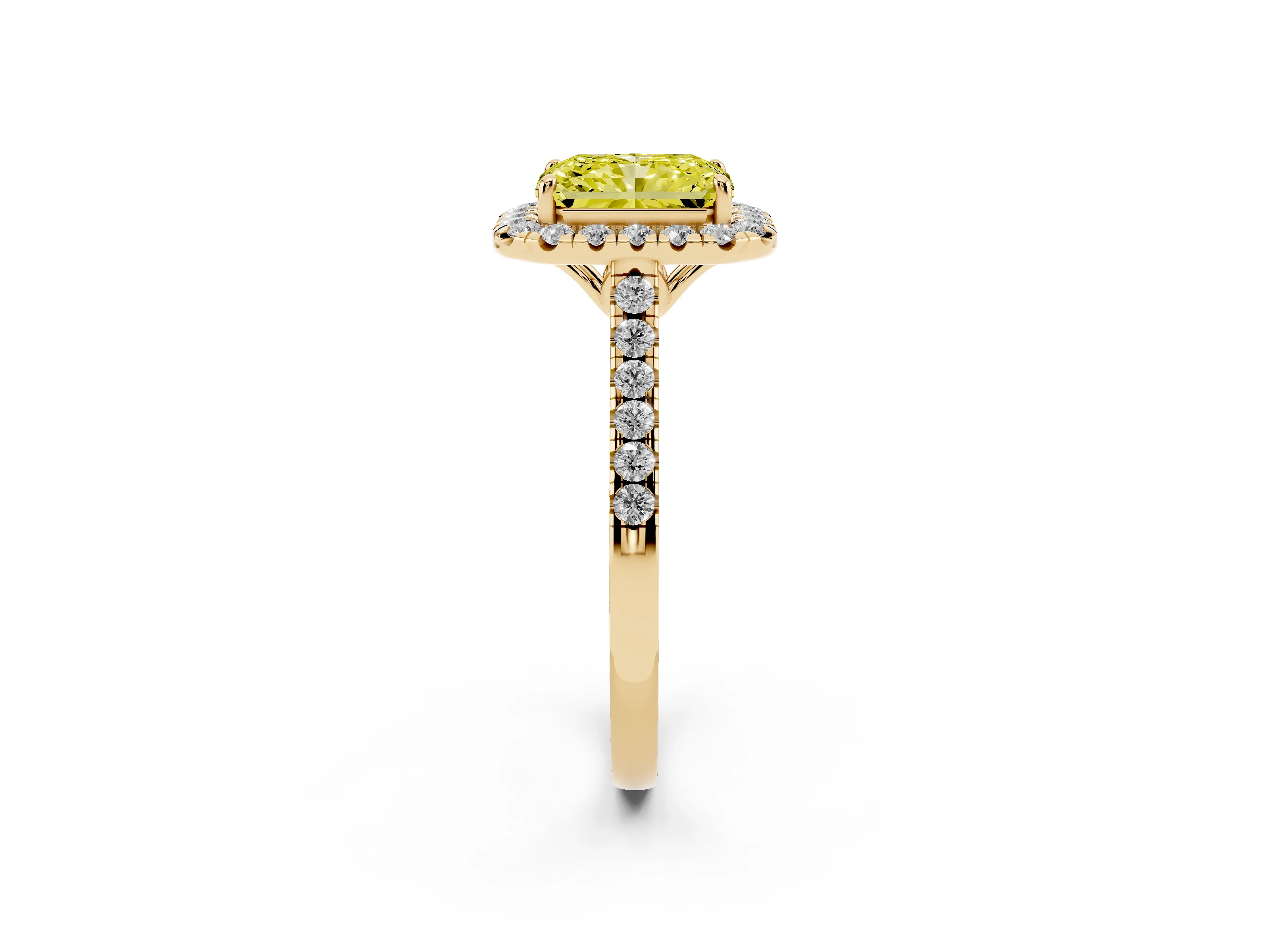 Fancy Yellow Radiant Cut Diamond Pavé Halo Engagement Ring Set in Yellow gold with Pavé Band and Prong Setting