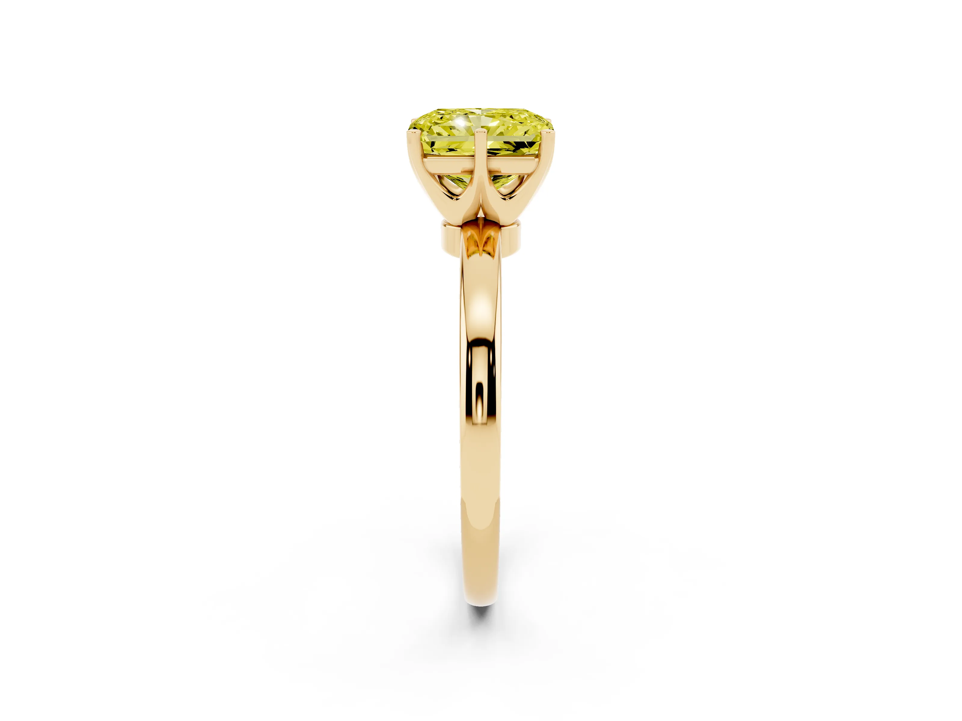 Fancy Yellow Radiant Cut Diamond Solitaire Ring Set in Yellow gold with Raised Prong Setting on a Classic Band