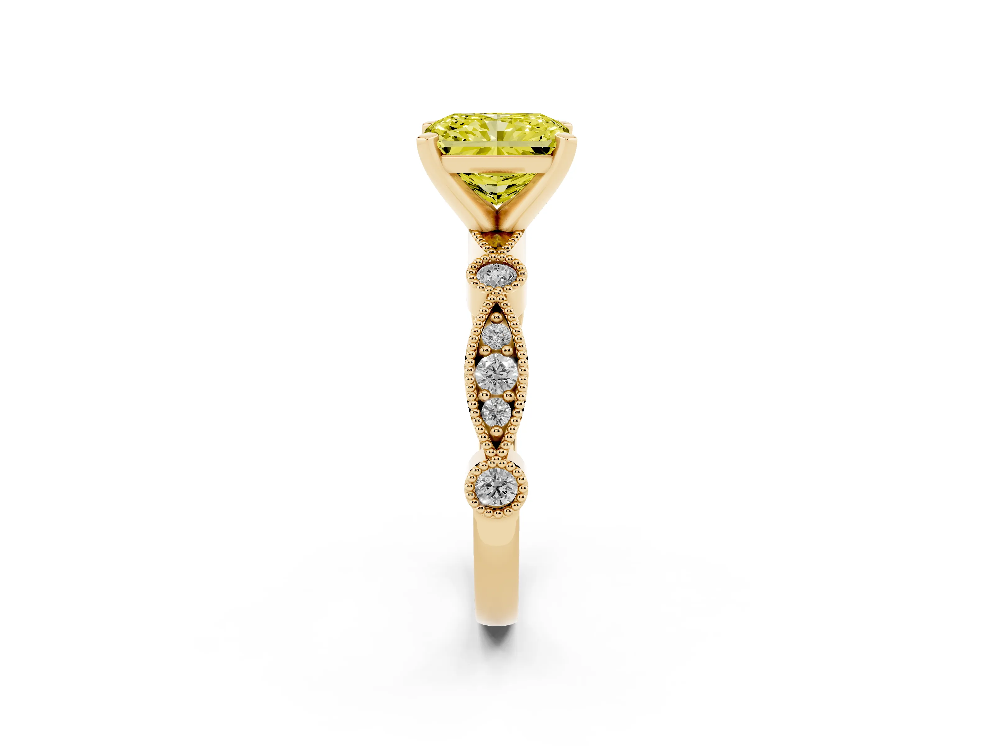 Fancy Yellow Radiant Cut Diamond Solitaire Engagement Ring Set in Yellow gold with Milgrain Bezel Accent Band