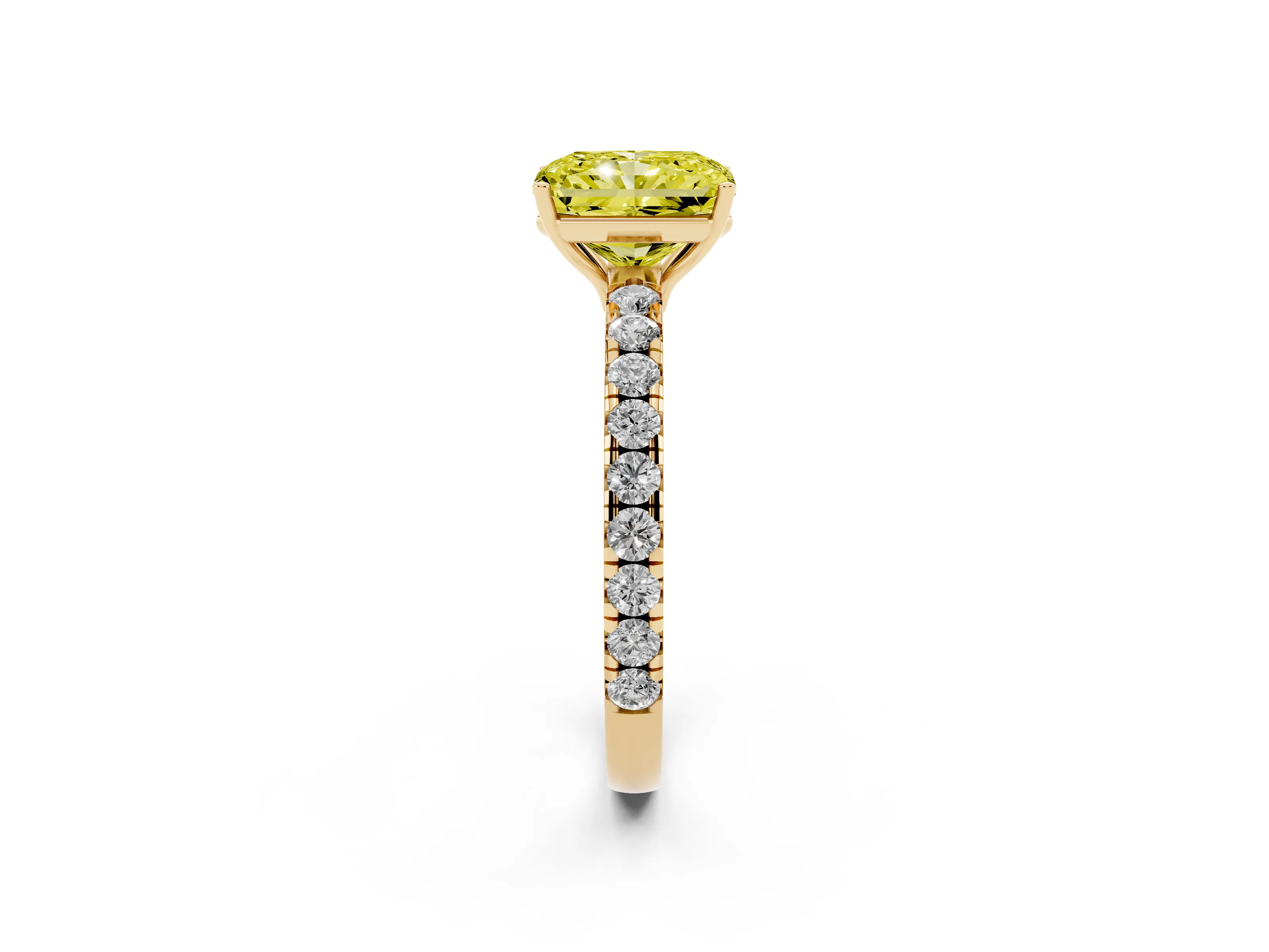 Fancy Yellow Radiant Cut Diamond Pavé Solitaire Engagement Ring Set in Yellow gold with Prong Setting