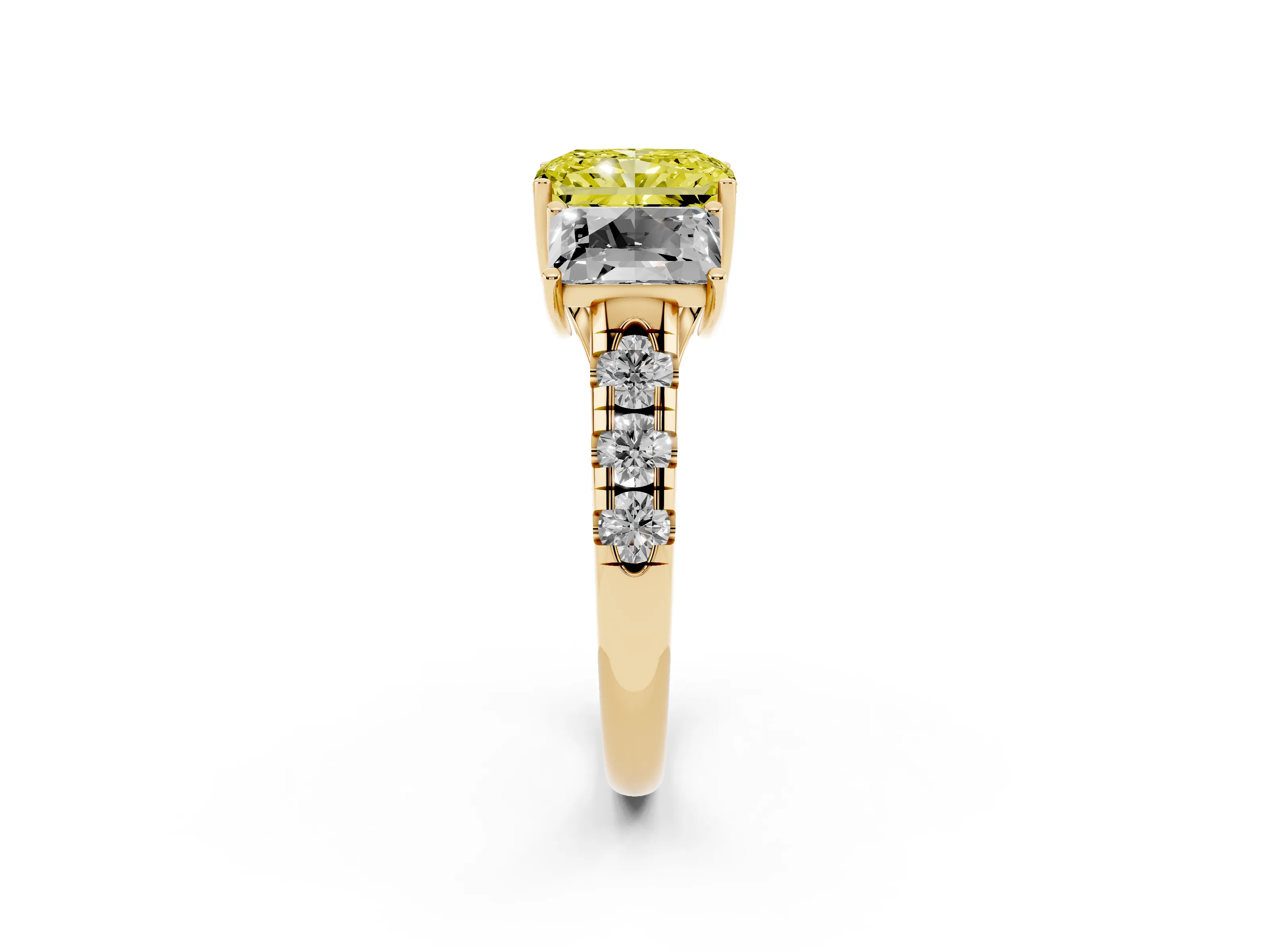 Fancy Yellow Radiant Cut Diamond Three-Stone Ring Set in Yellow gold with Pavé Band
