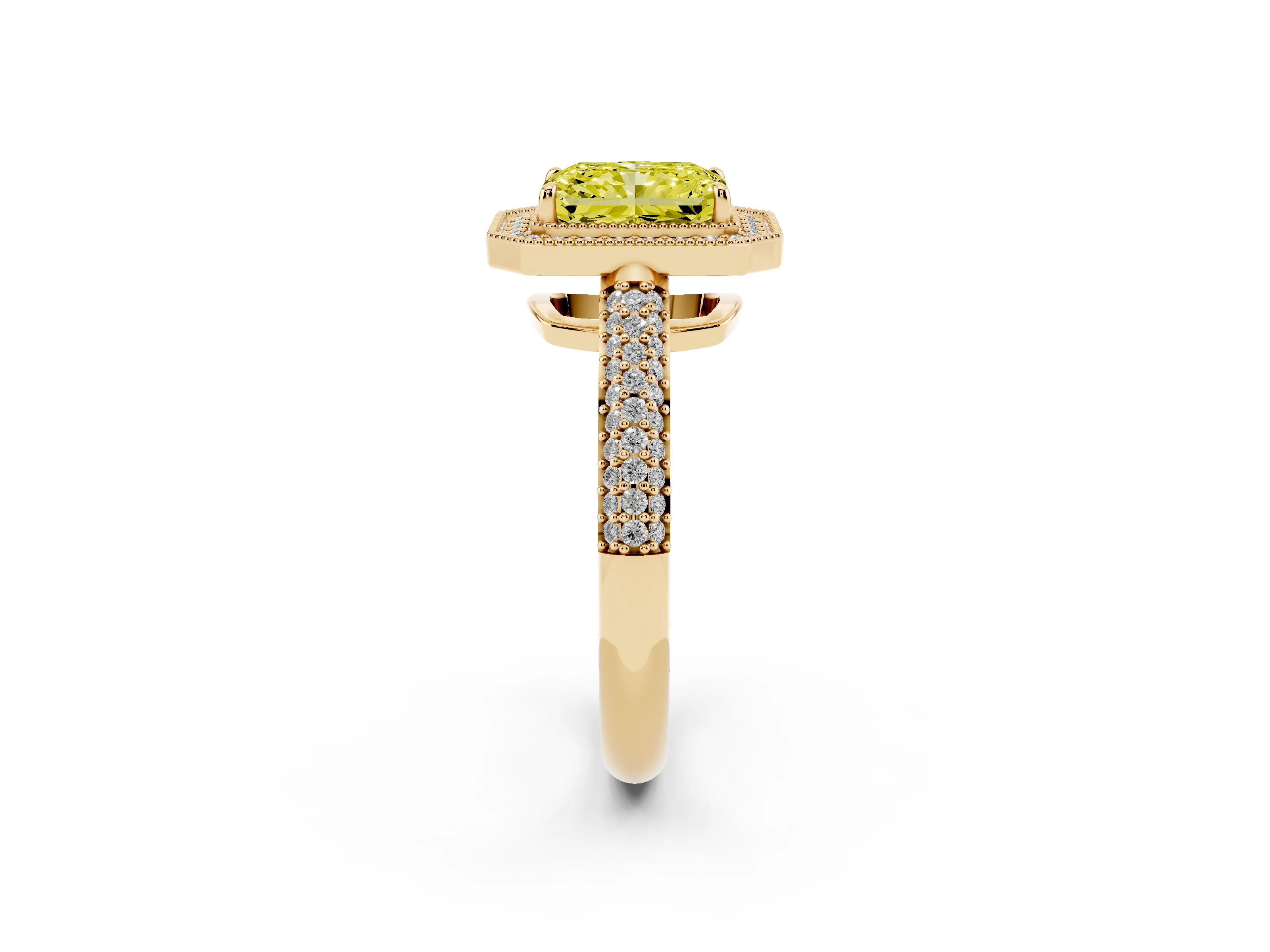 Fancy Yellow Radiant Cut Diamond Halo Pavé Band Set in Yellow gold with Prong Setting