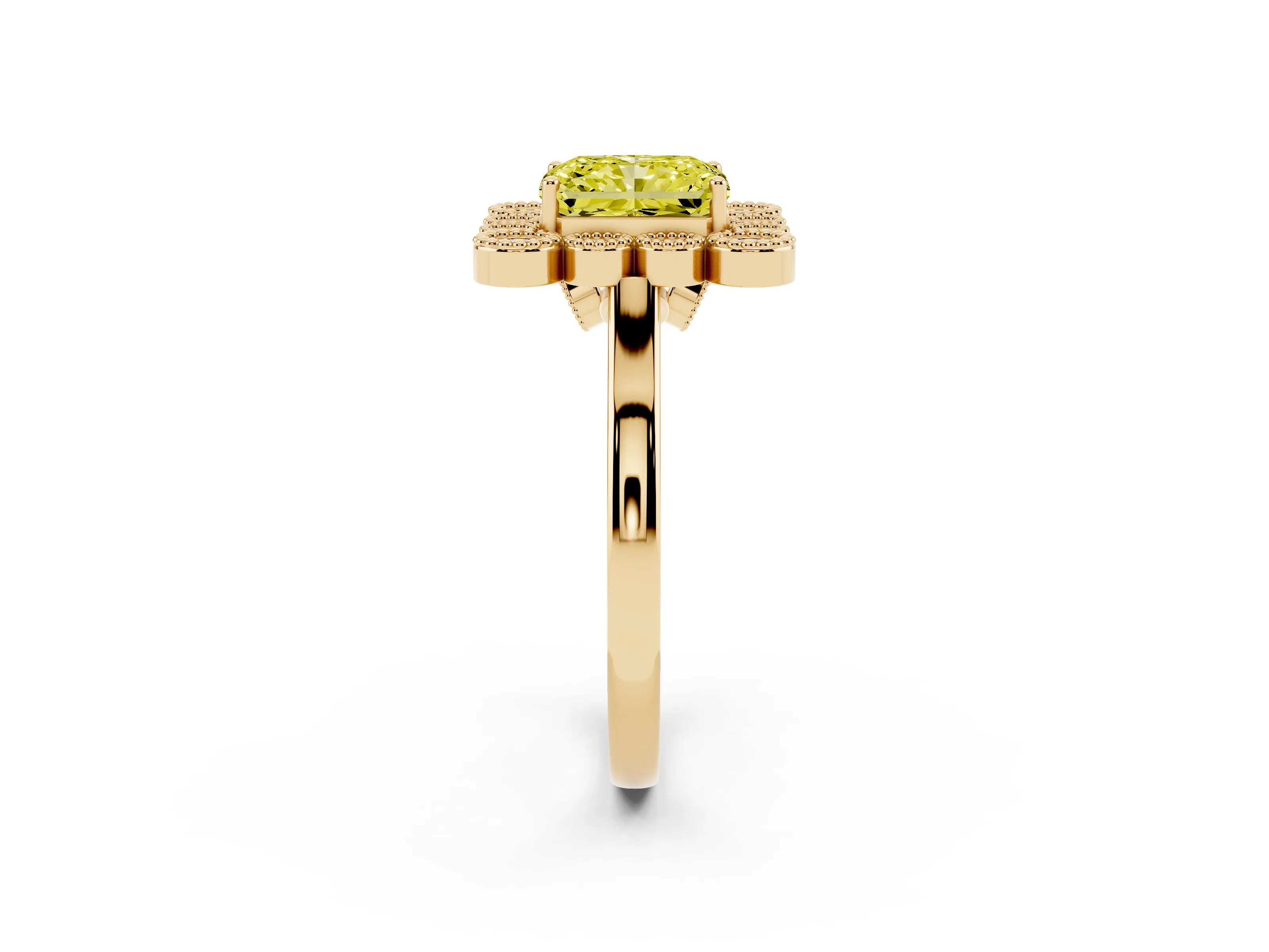 Fancy Yellow Radiant Cut Diamond Cluster Halo Ring Set in Yellow gold with Milgrain Bezel Accents and Plain Band