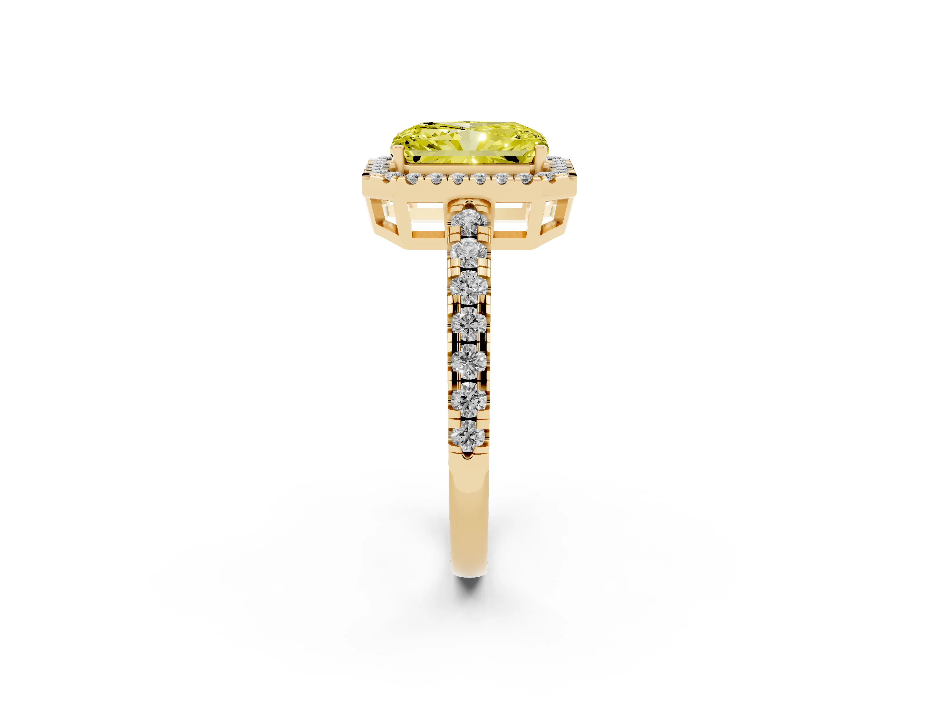 Fancy Yellow Radiant Cut Diamond Halo Ring Set in Yellow gold with Delicate Pavé Band and Prong Setting