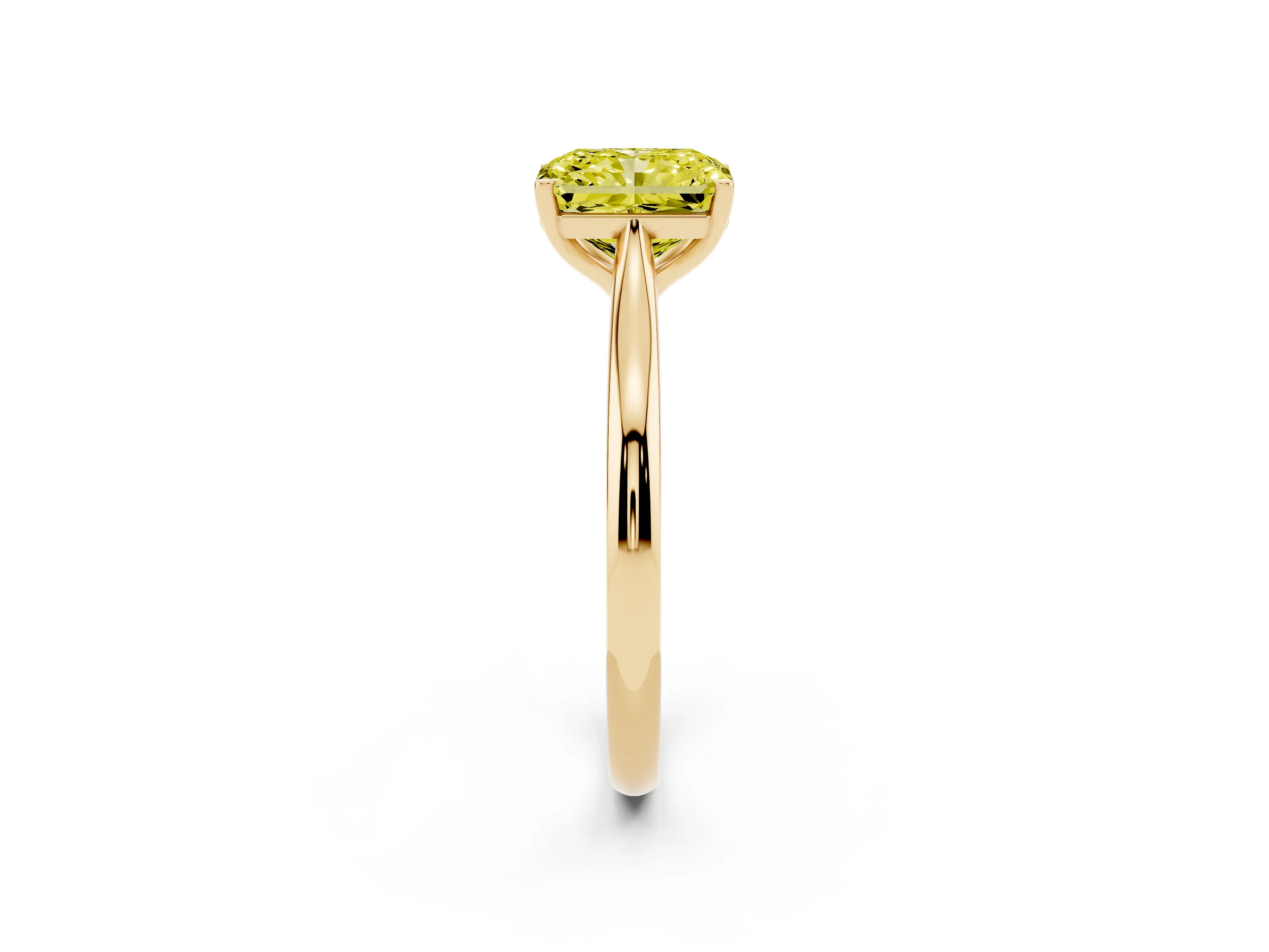 Fancy Yellow Radiant Cut Diamond Solitaire Ring Set in Yellow gold with Cathedral Band and Prong Setting