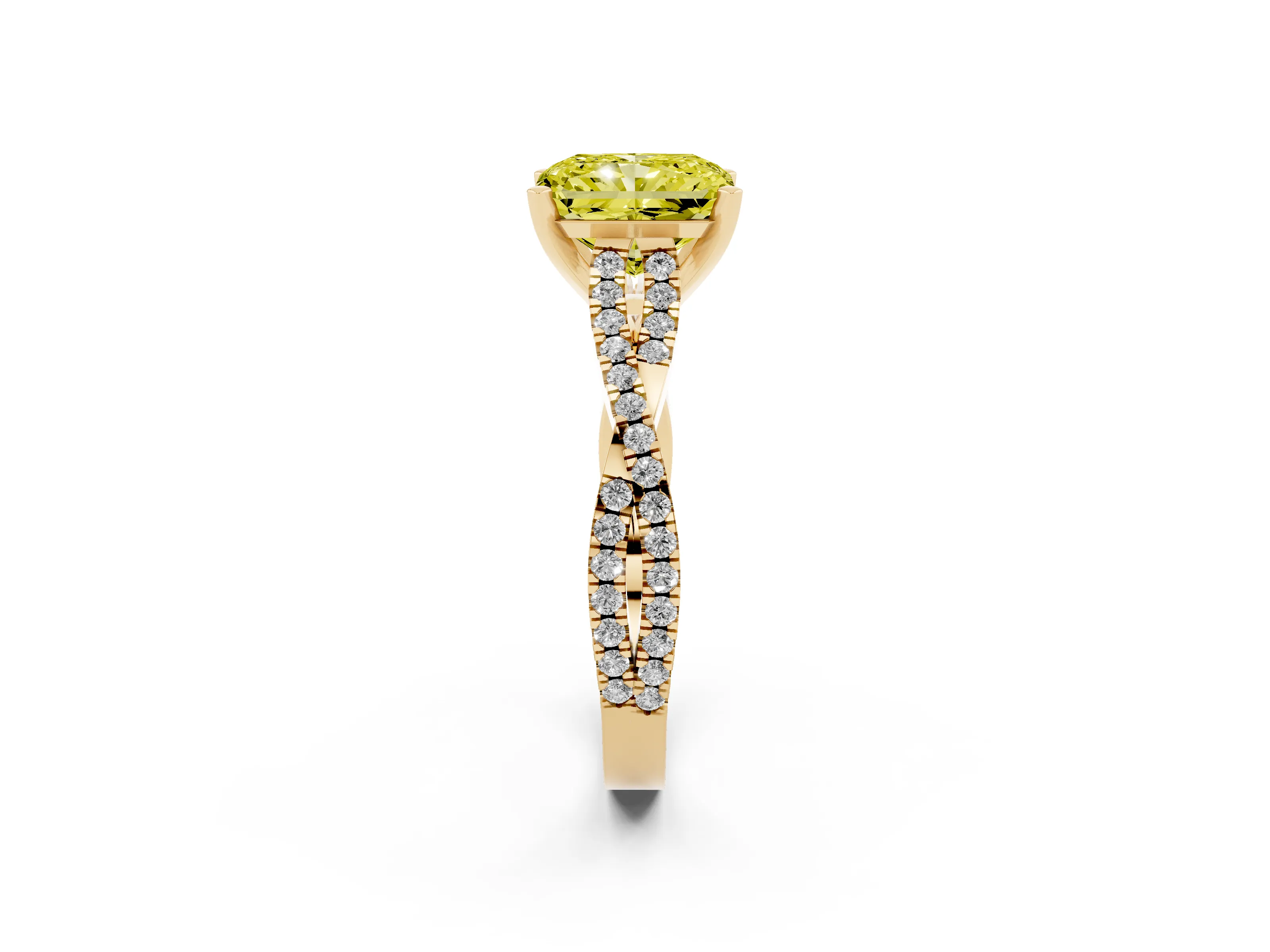 Fancy Yellow Radiant Cut Diamond Solitaire Engagement Ring Set in Yellow gold with Twisted Pavé Band and Prong Setting