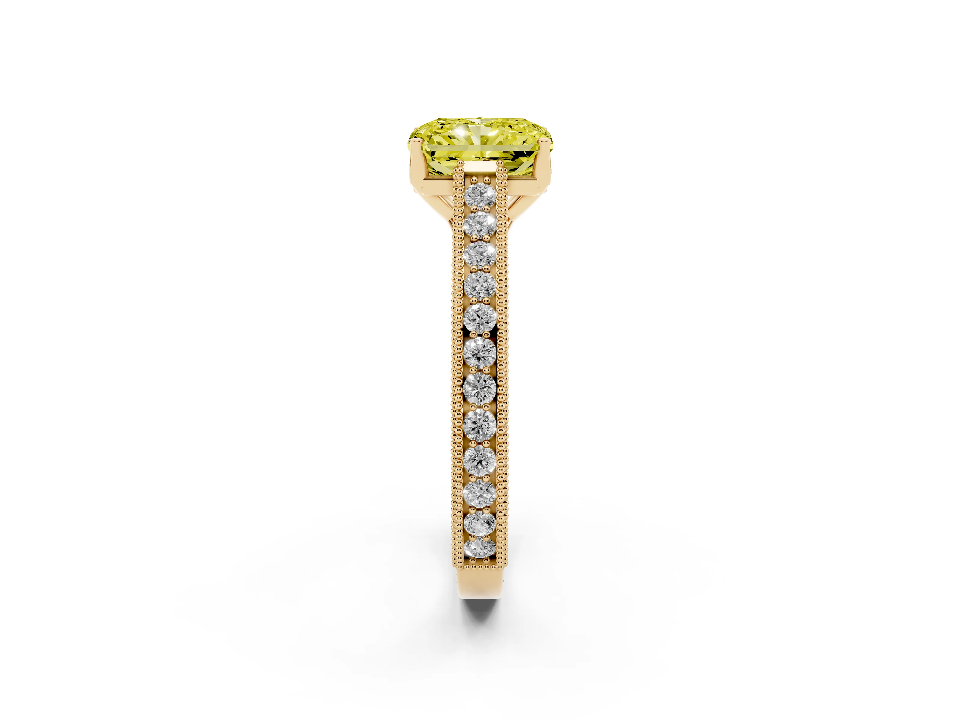 Fancy Yellow Radiant Cut Diamond Milgrain Pavé Band Solitaire Ring Set in Yellow gold with Prong Setting