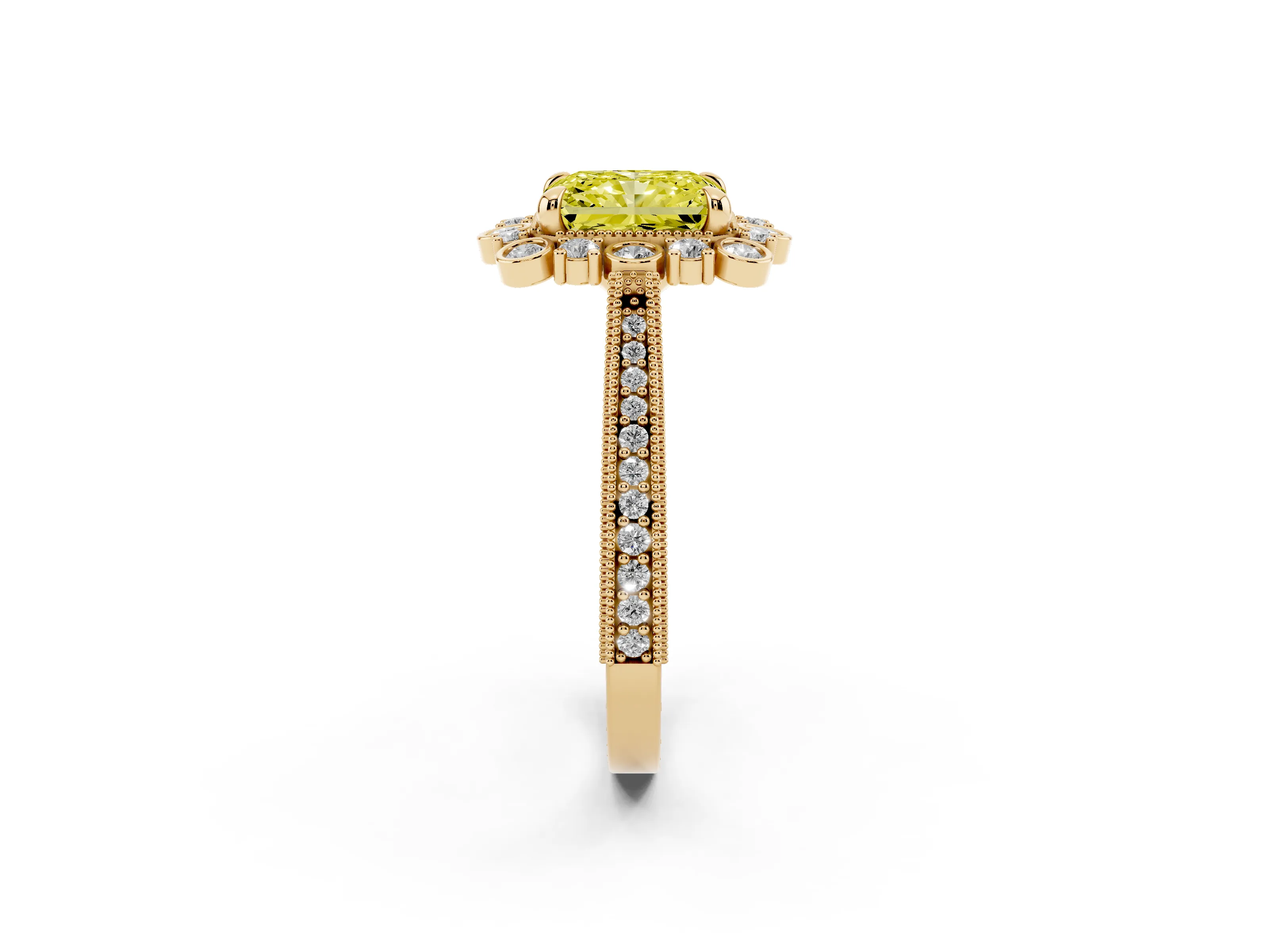 Fancy Yellow Radiant Cut Diamond Halo Milgrain Pavé Ring Set in Yellow gold with Prong Setting