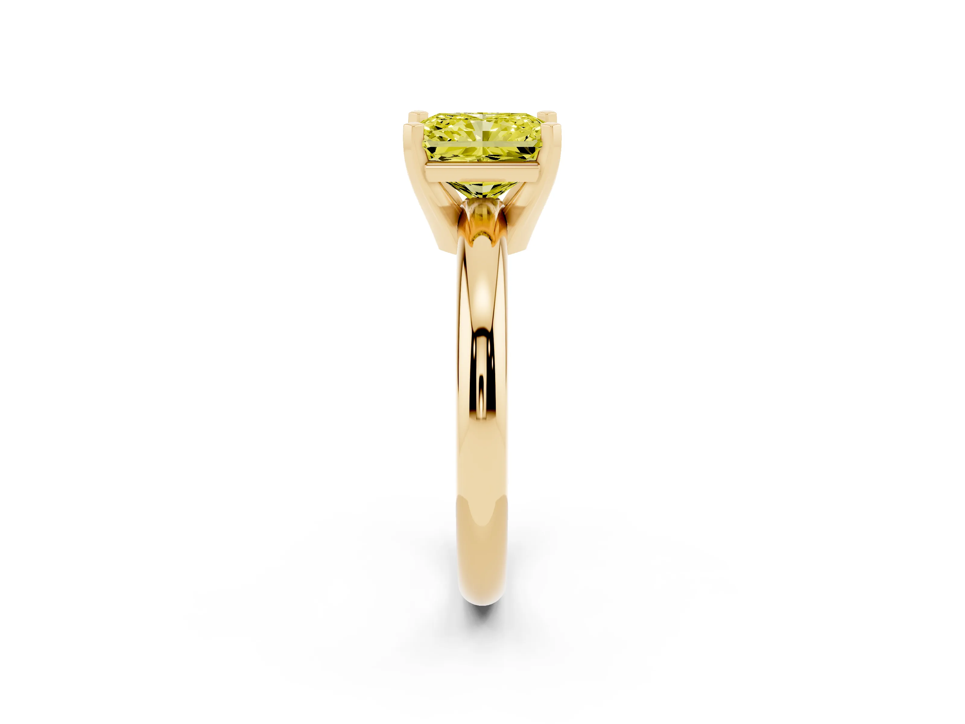 Fancy Yellow Radiant Cut Diamond Solitaire Engagement Ring Set in Yellow gold with Round Band and Prong Setting