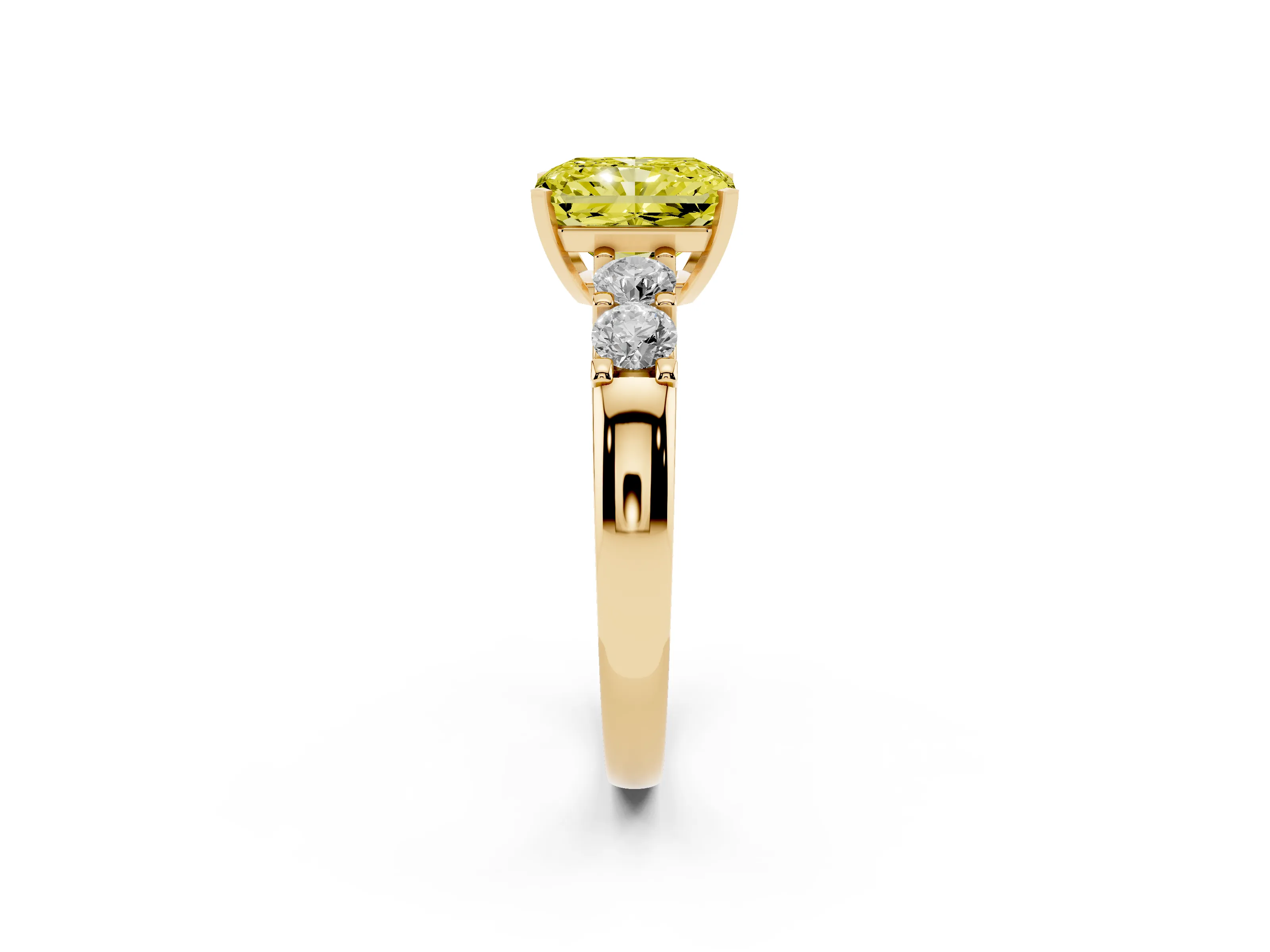 Fancy Yellow Radiant Cut Diamond Five-Stone Prong Set Engagement Ring Set in Yellow gold with Channel Band