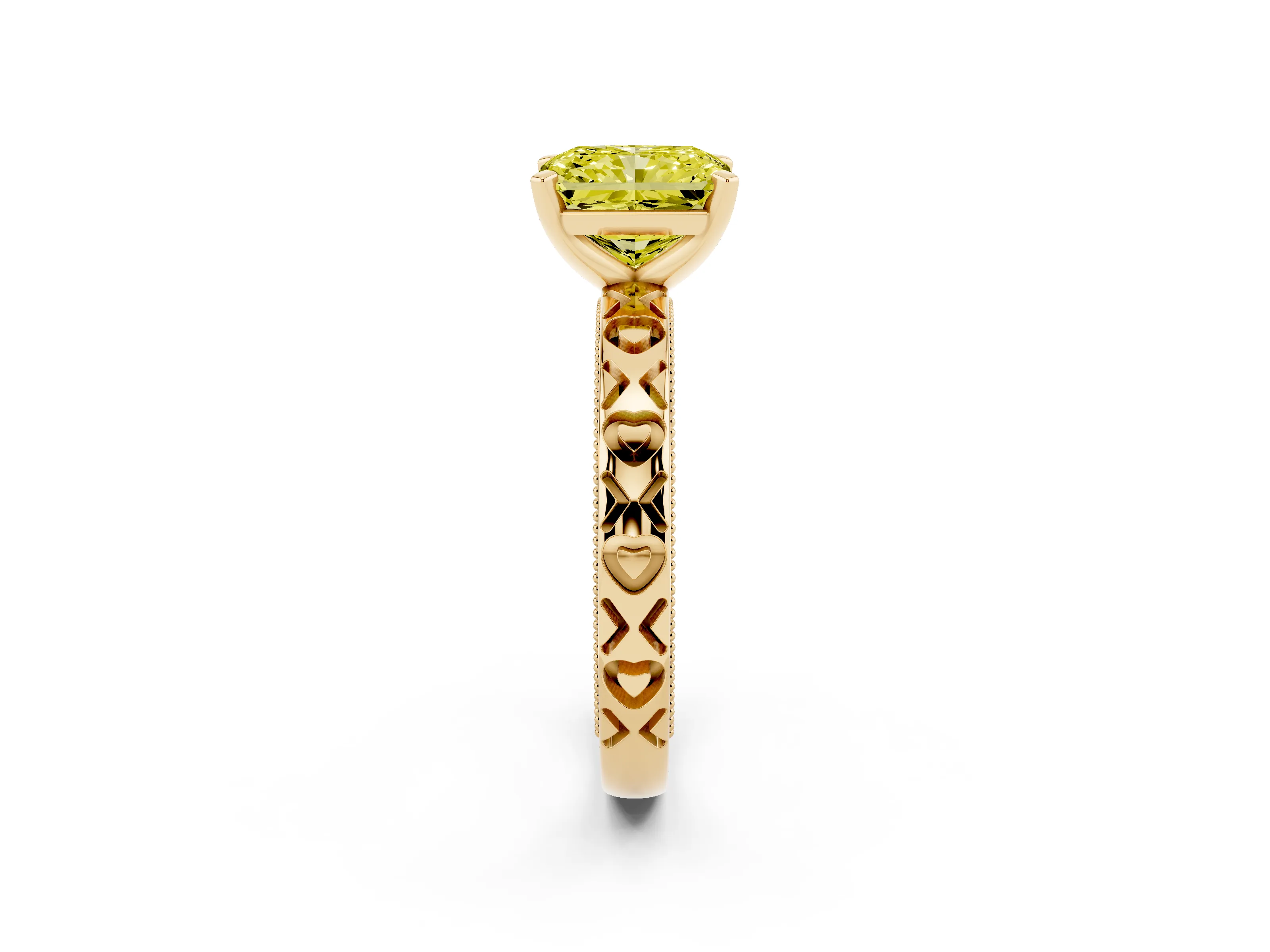 Fancy Yellow Radiant Cut Diamond Solitaire Engagement Ring Set in Yellow gold with XO Engraved Band and Prong Setting