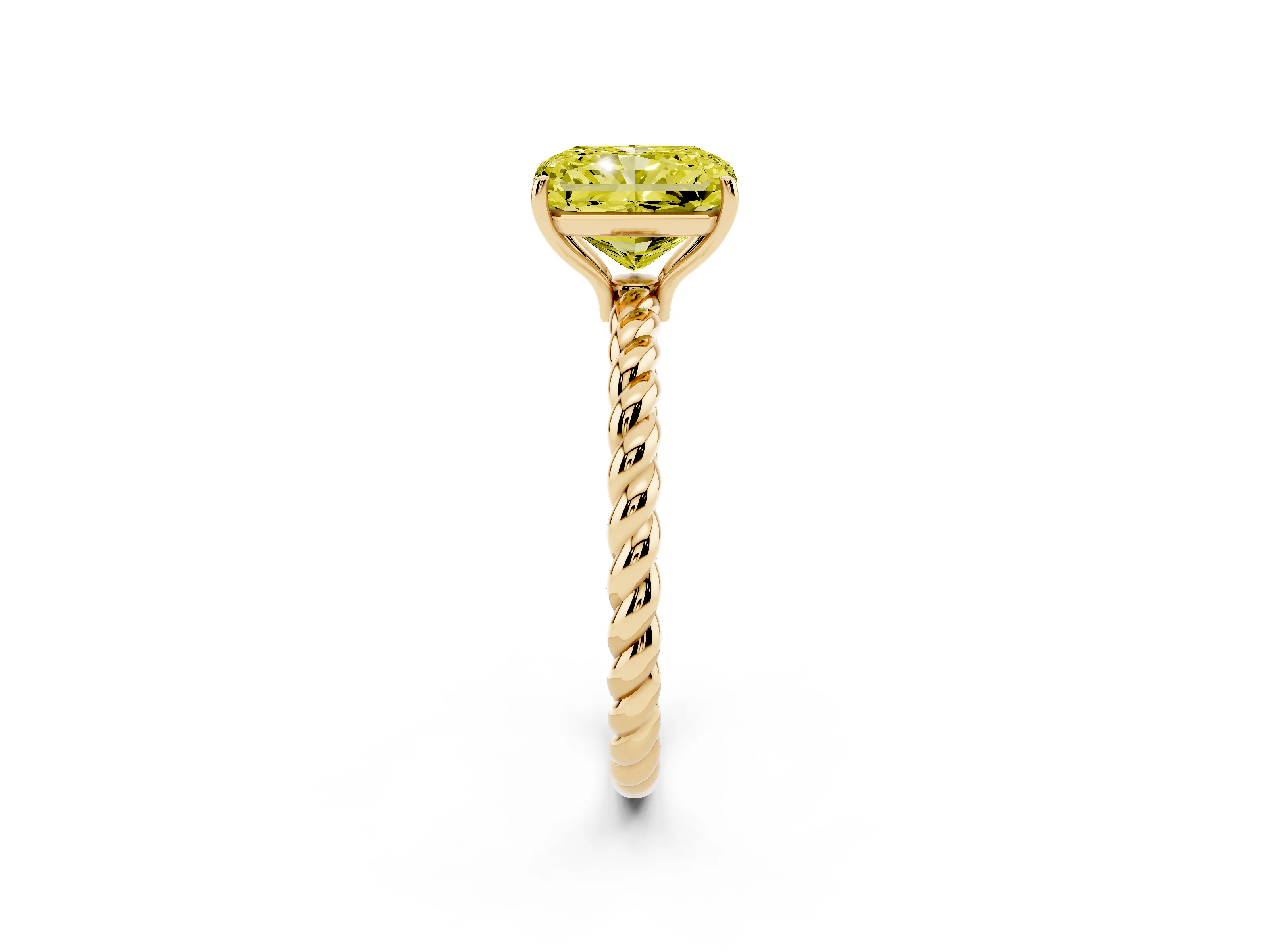Fancy Yellow Radiant Cut Diamond Solitaire Ring Set in Yellow gold with Twist Band and Prong Setting