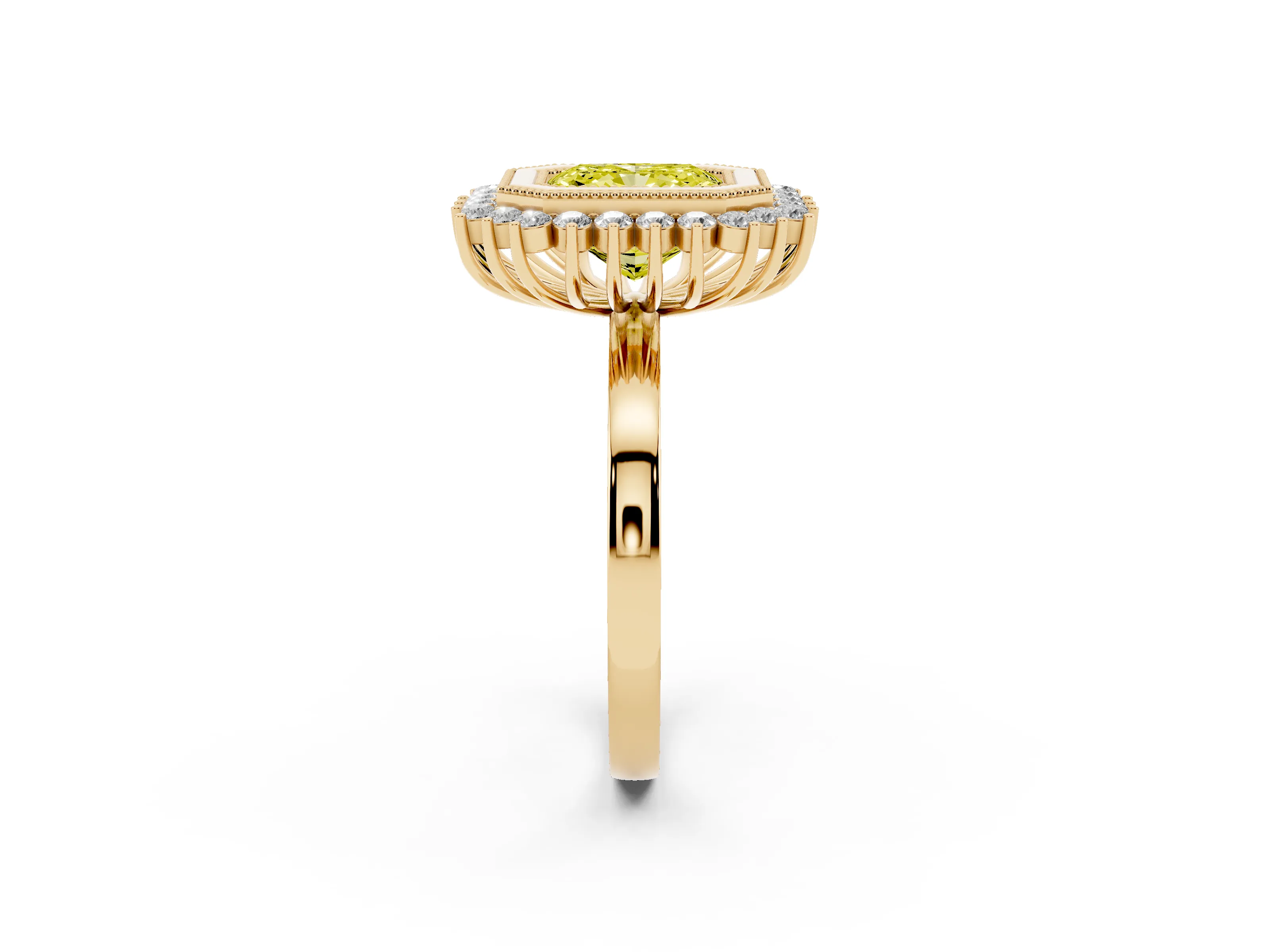 Fancy Yellow Radiant Cut Diamond Halo Ring Set in Yellow gold with Milgrain Edge and Round Prong Setting