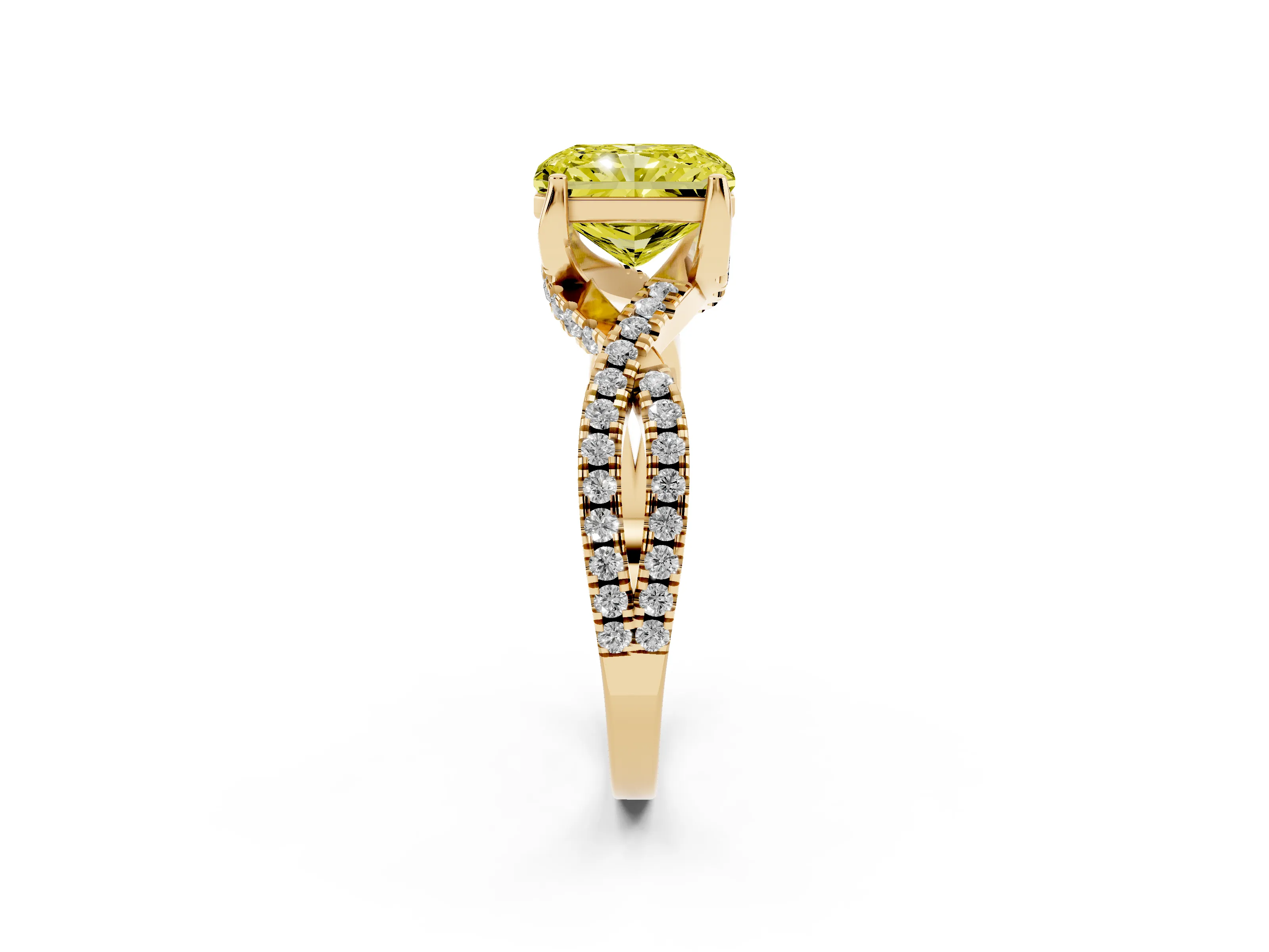 Fancy Yellow Radiant Cut Diamond Twist Pavé Solitaire Engagement Ring Set in Yellow gold with Prong Setting