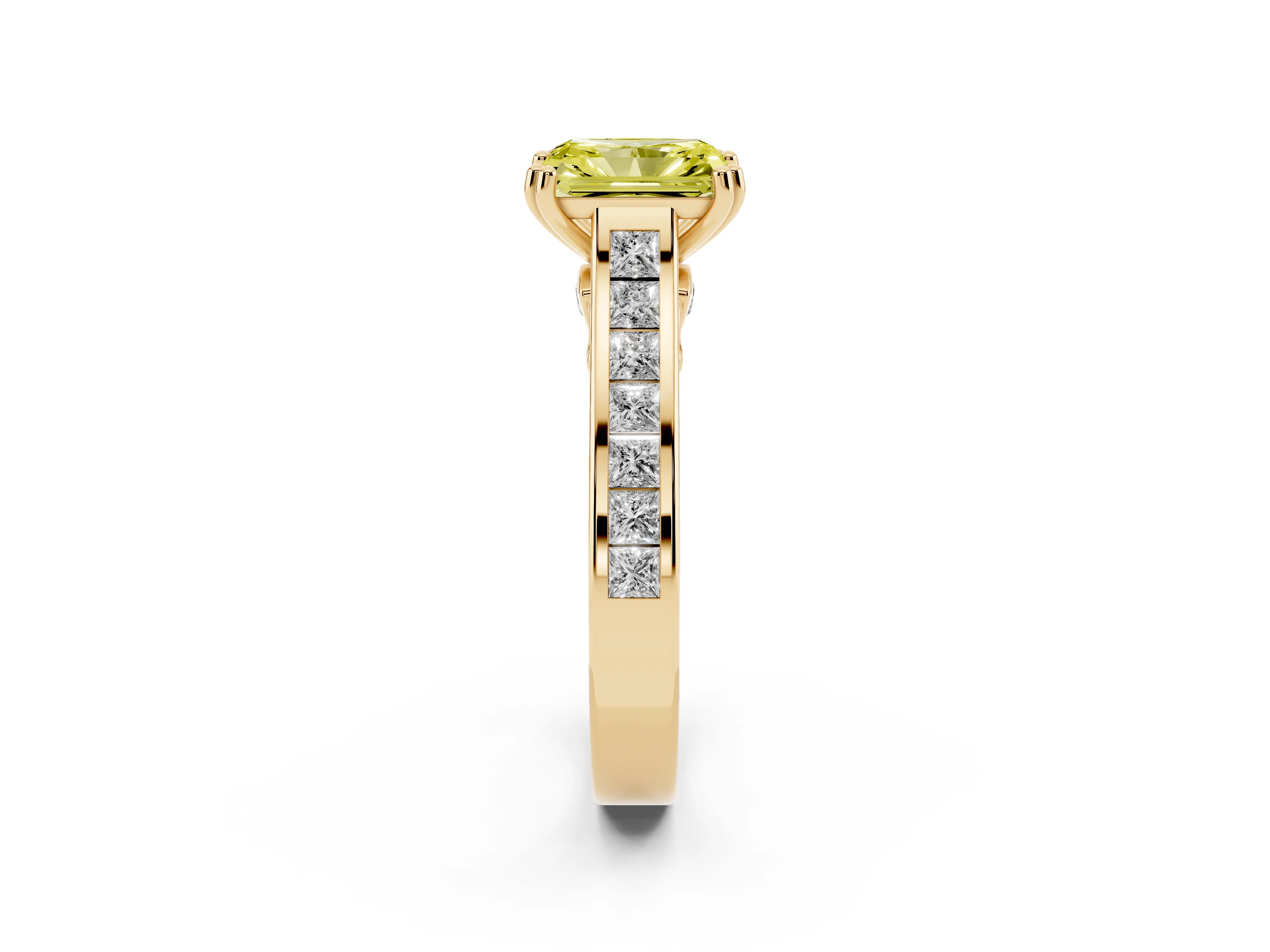 Fancy Yellow Radiant Cut Diamond Channel Set Solitaire Engagement Ring Set in Yellow gold with Prong Setting