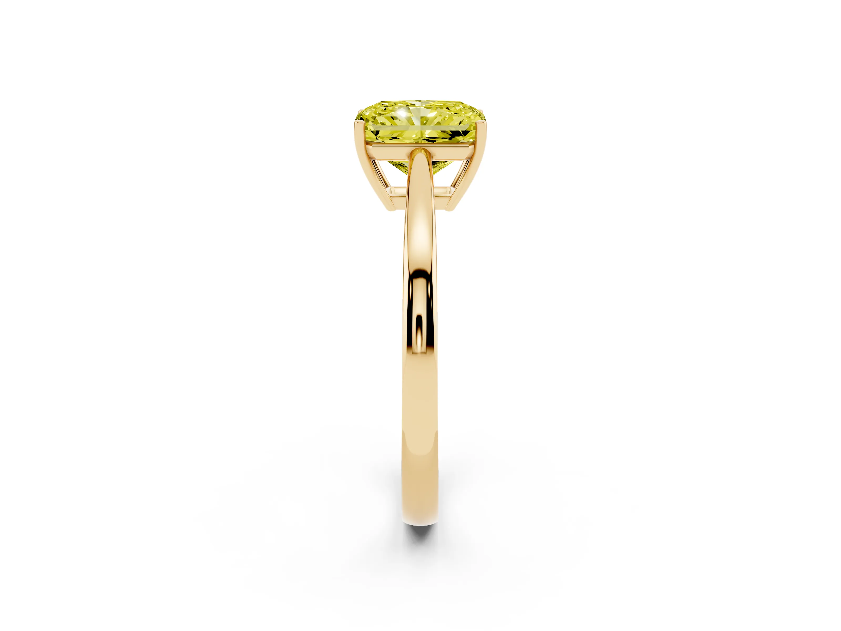 Fancy Yellow Radiant Cut Diamond Solitaire Ring Set in Yellow gold with Split Shank and Prong Setting