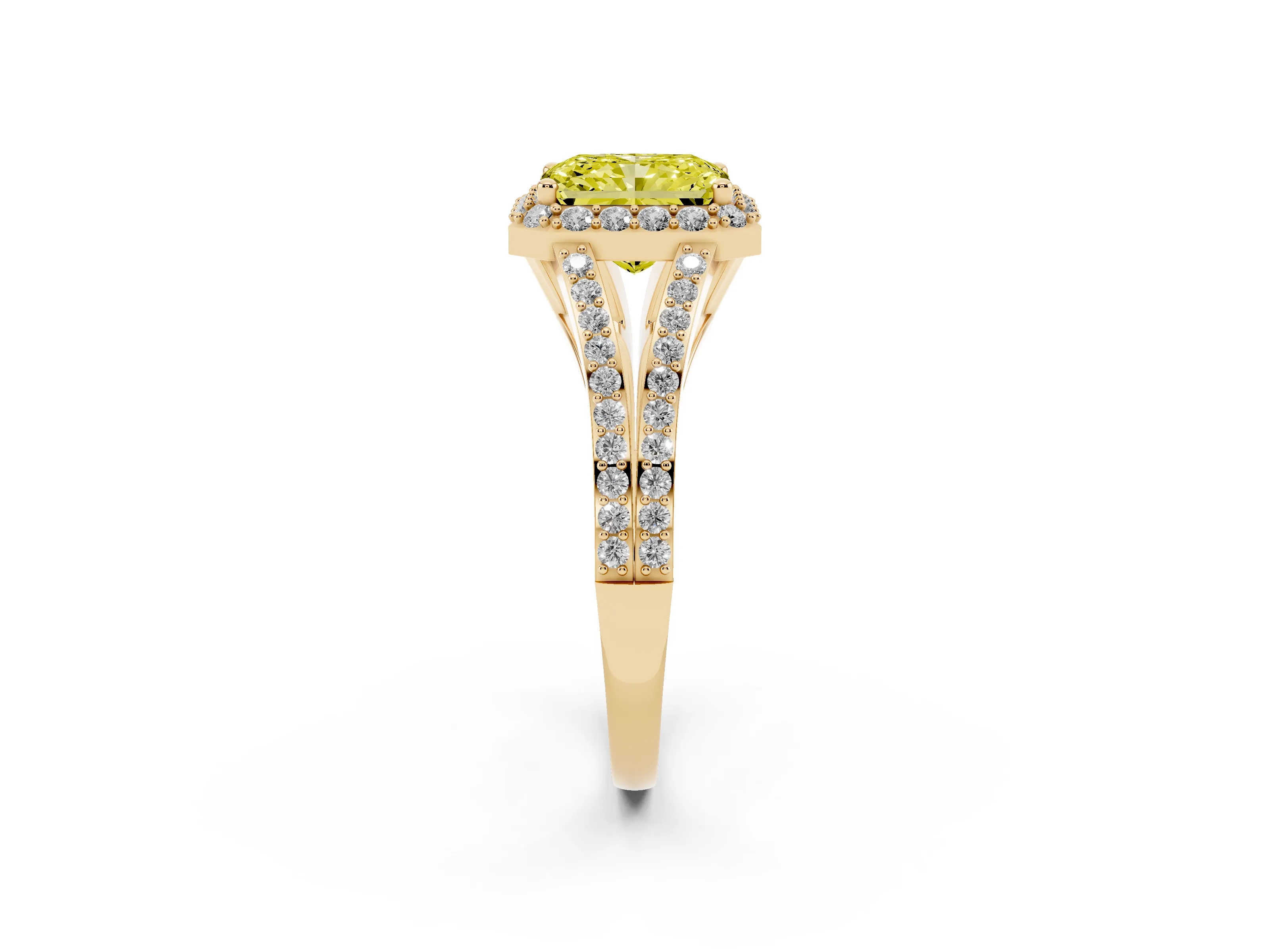 Fancy Yellow Radiant Cut Diamond Halo Split Shank Pavé Ring Set in Yellow gold with Prong Setting