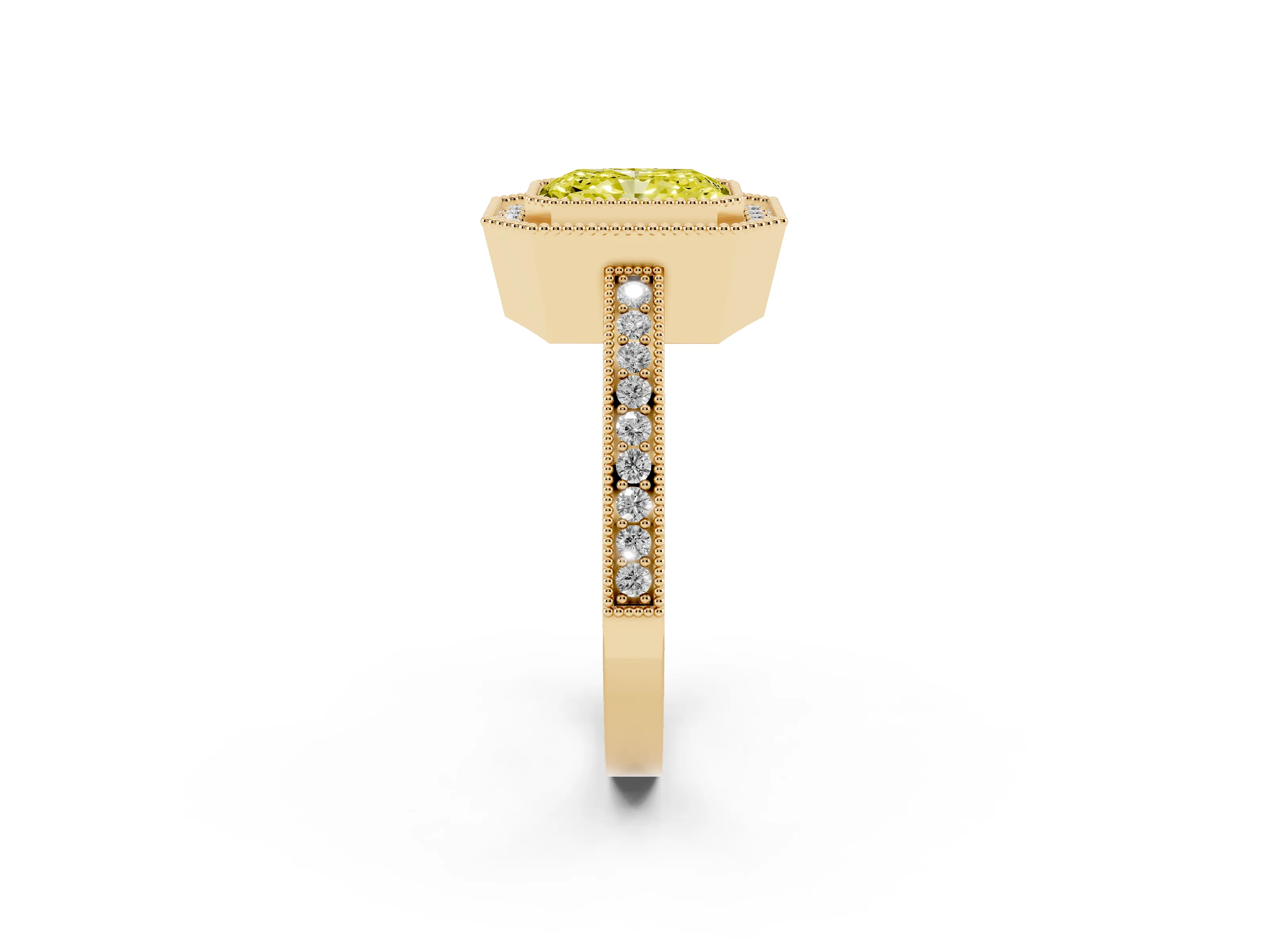 Fancy Yellow Radiant Cut Diamond Round Halo Ring Set in Yellow gold with Pavé Band