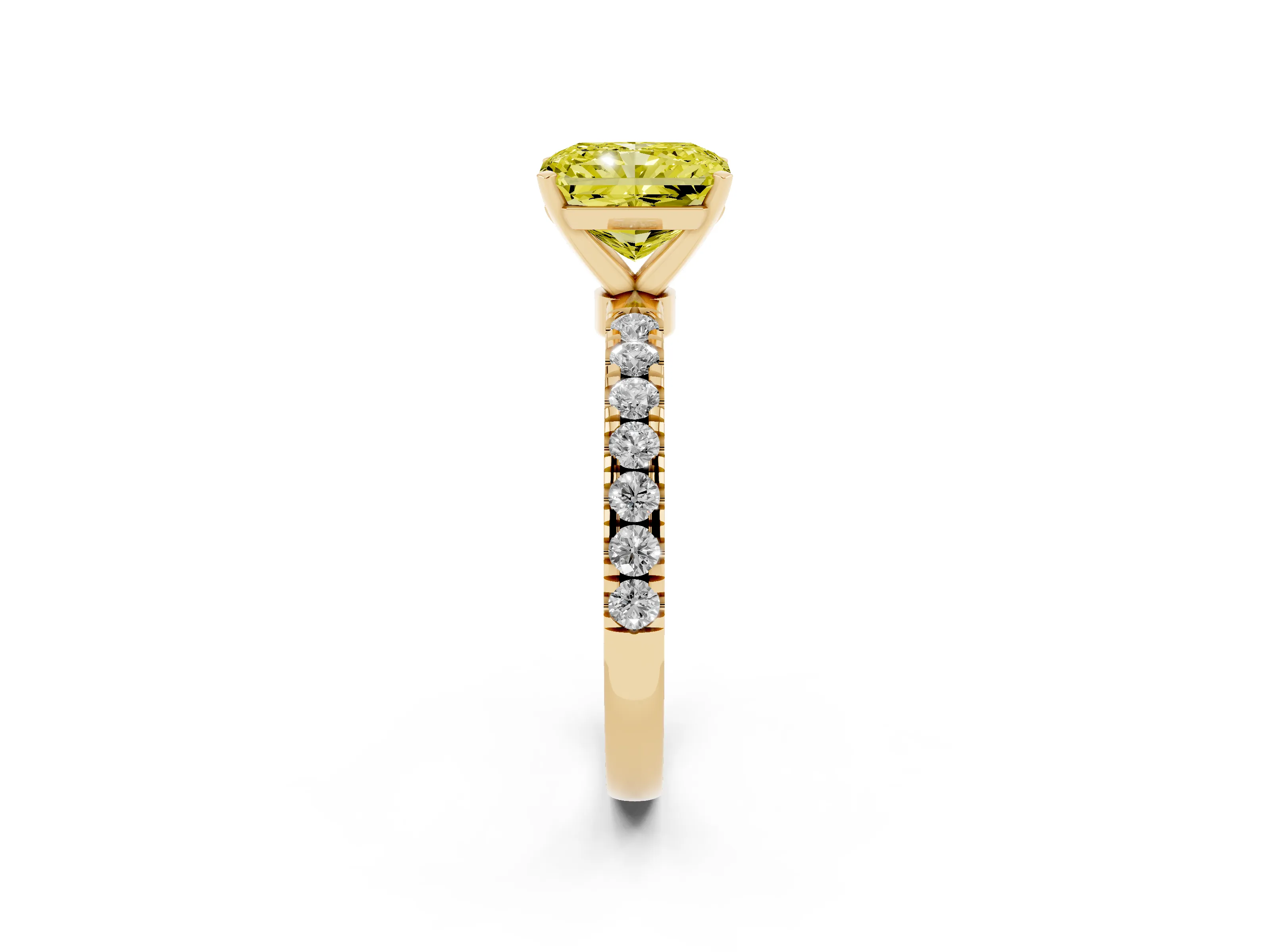 Fancy Yellow Radiant Cut Diamond Solitaire Ring Set in Yellow gold with Pavé Accents and Prong Setting