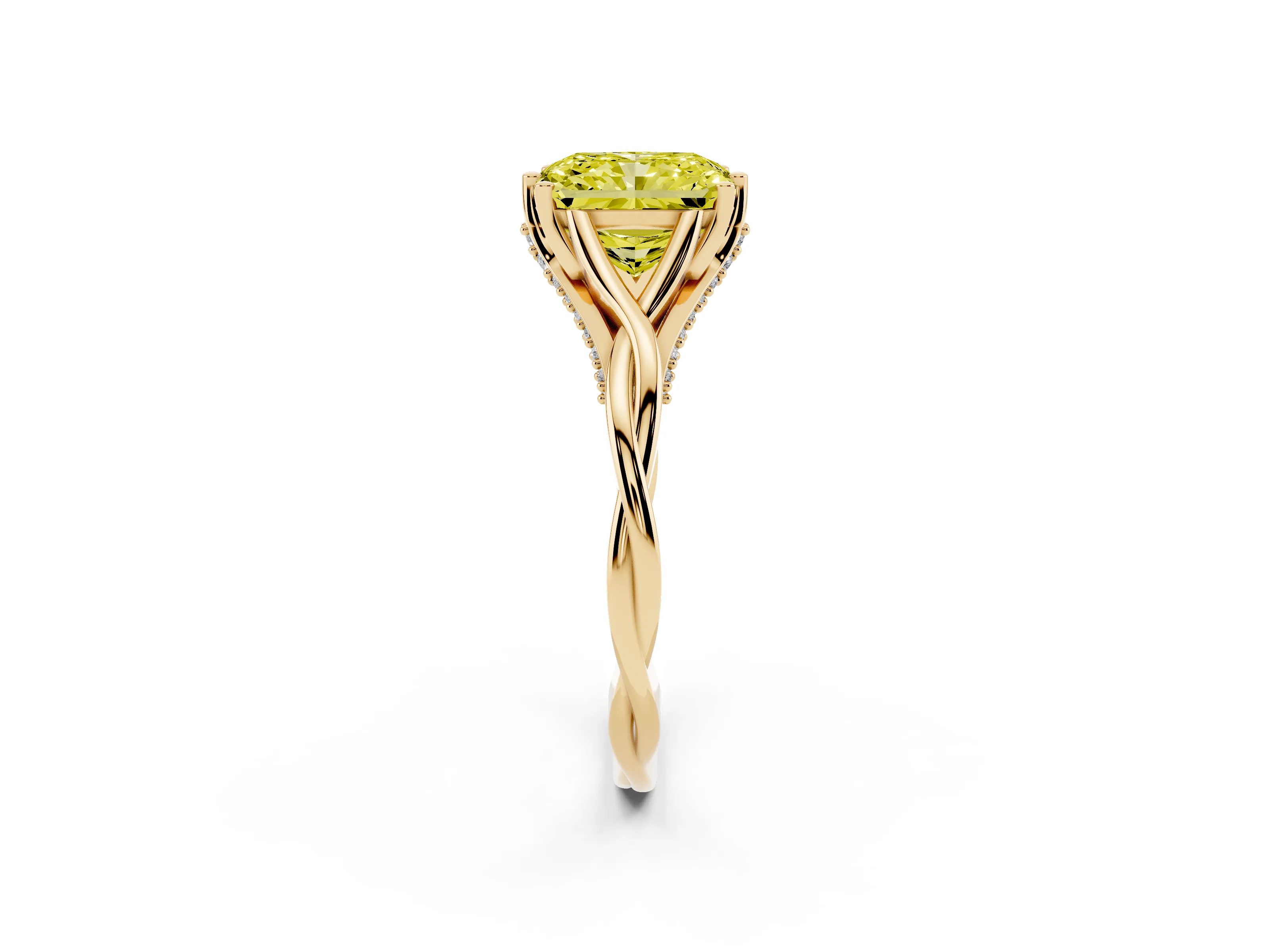 Fancy Yellow Radiant Cut Diamond Intertwined Twist Band Solitaire Ring Set in Yellow gold with Prong Setting