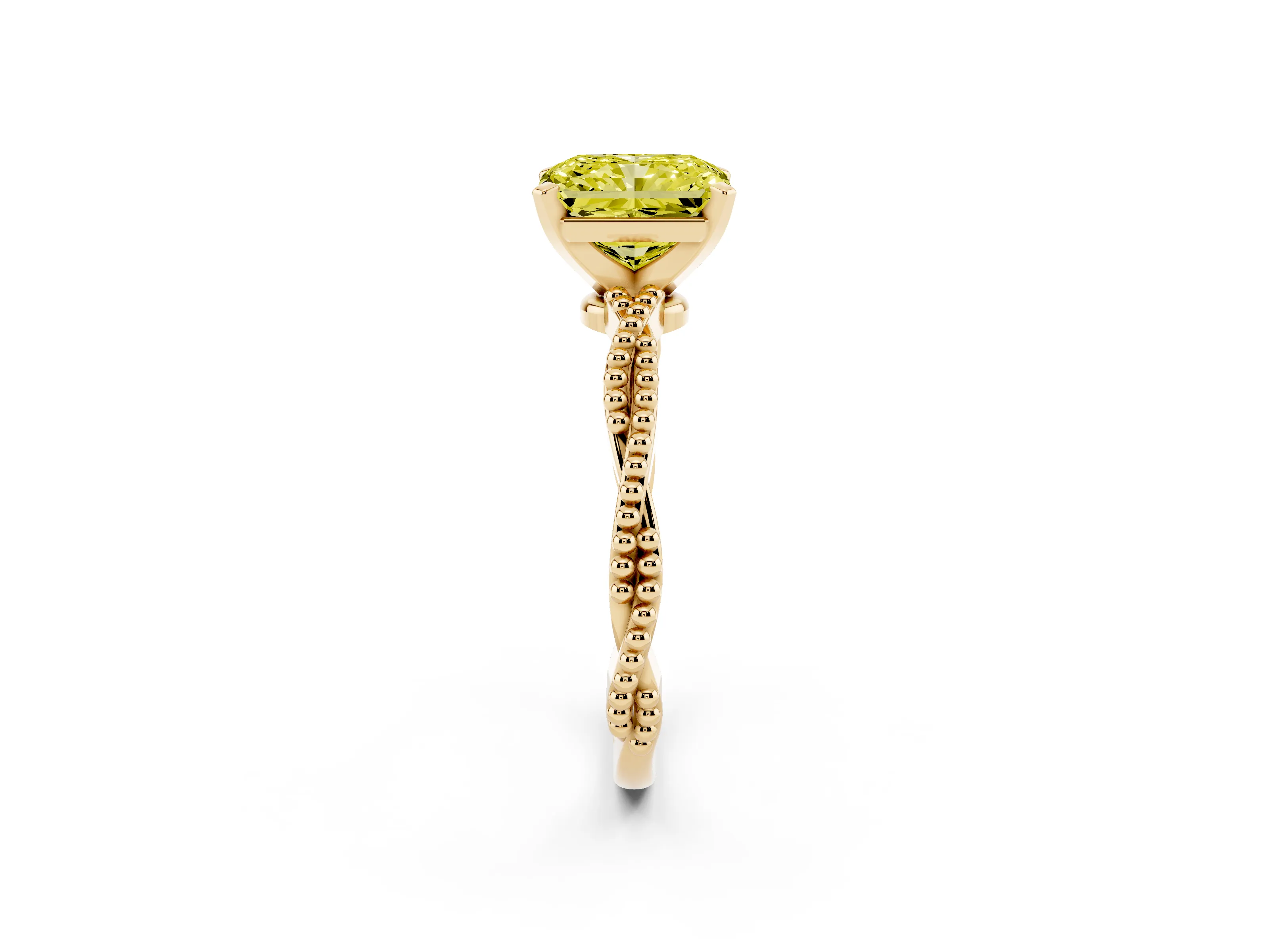 Fancy Yellow Radiant Cut Diamond Solitaire Ring Set in Yellow gold with Twisted Band and Bead Prong Setting