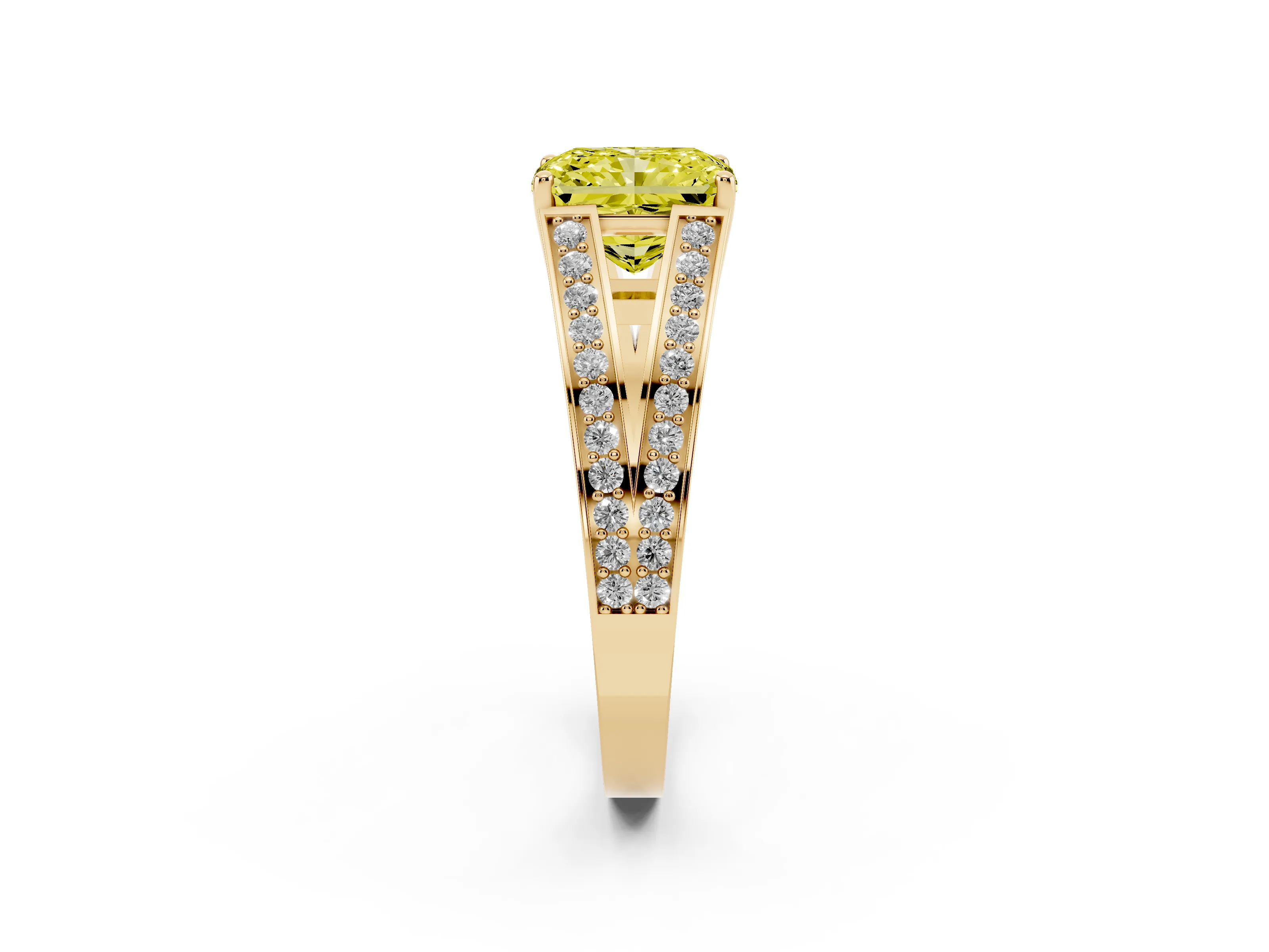 Fancy Yellow Radiant Cut Diamond Split Shank Ring Set in Yellow gold with Pavé Band and Prong Setting