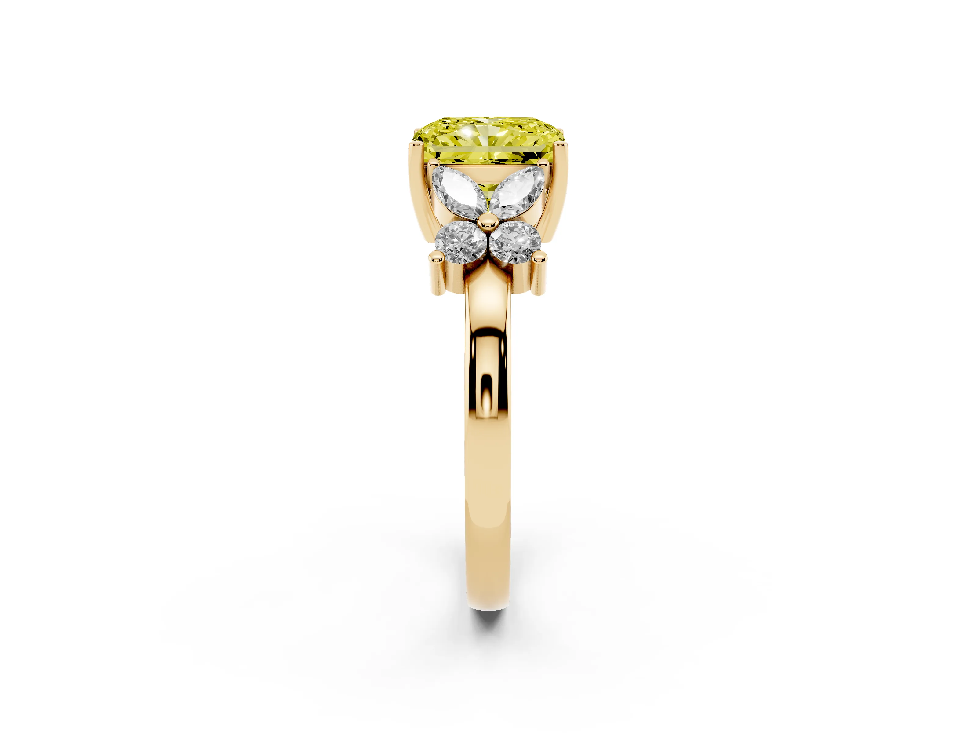 Fancy Yellow Radiant Cut Diamond Floral Cluster Ring Set in Yellow gold with Marquise Petals and Prong Setting