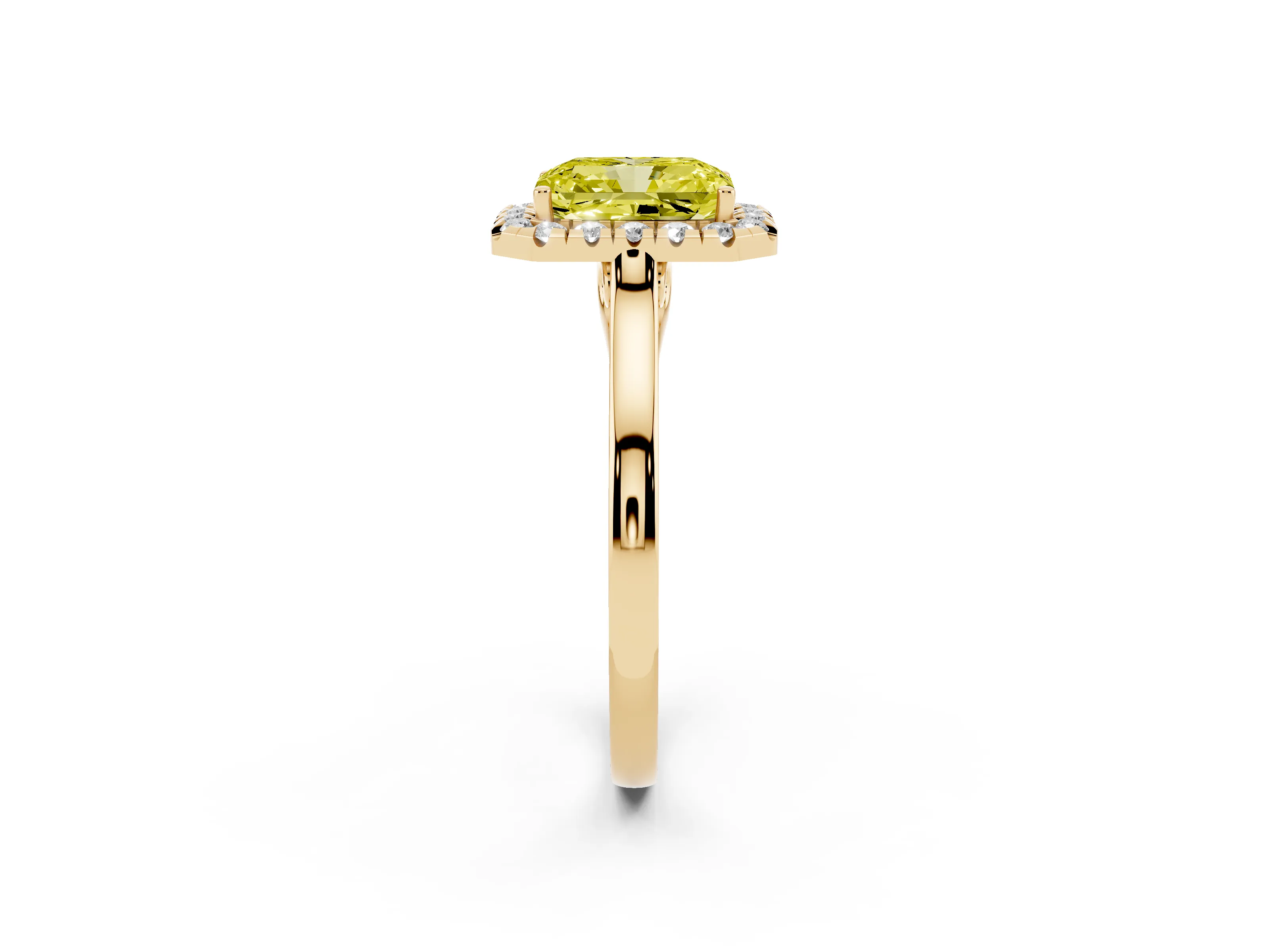 Fancy Yellow Radiant Cut Halo Round Diamond Solitaire Ring Set in Yellow gold with Pavé Band and Prong Setting