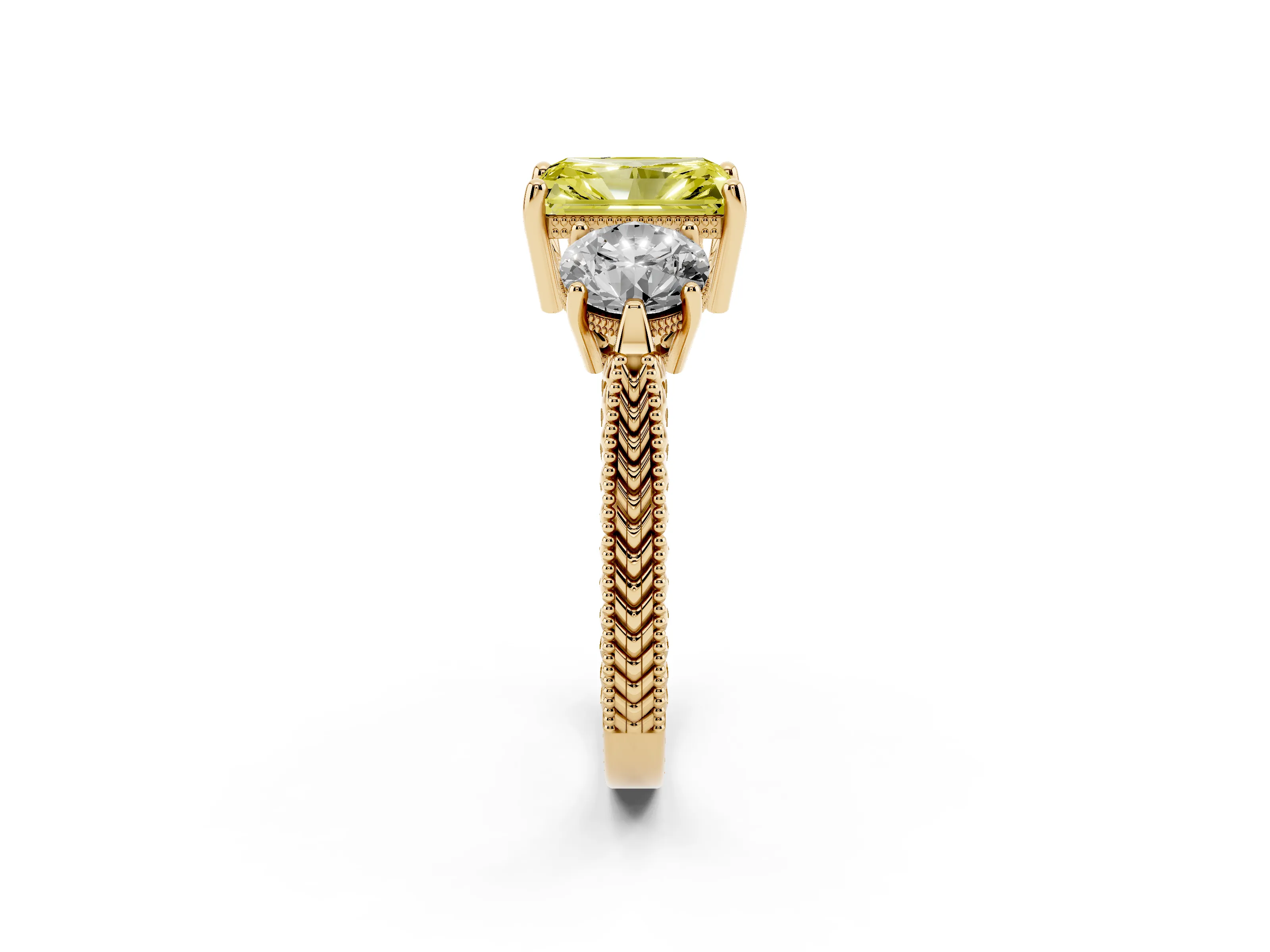 Fancy Yellow Radiant Cut Diamond Three-Stone Ring Set in Yellow gold with Milgrain Band