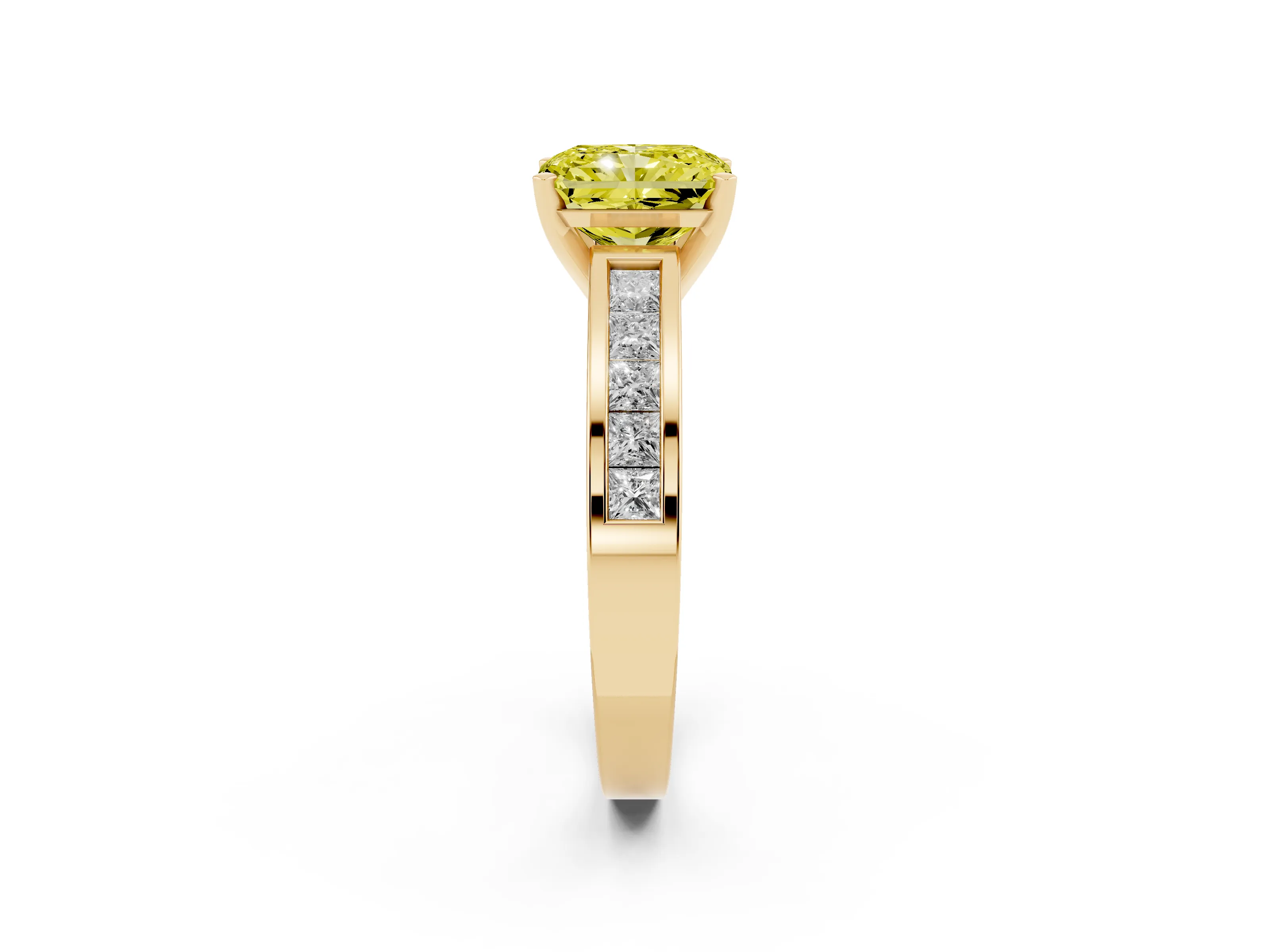 Fancy Yellow Radiant Cut Diamond Solitaire Ring Set in Yellow gold with Channel-Set Band and Prong Setting