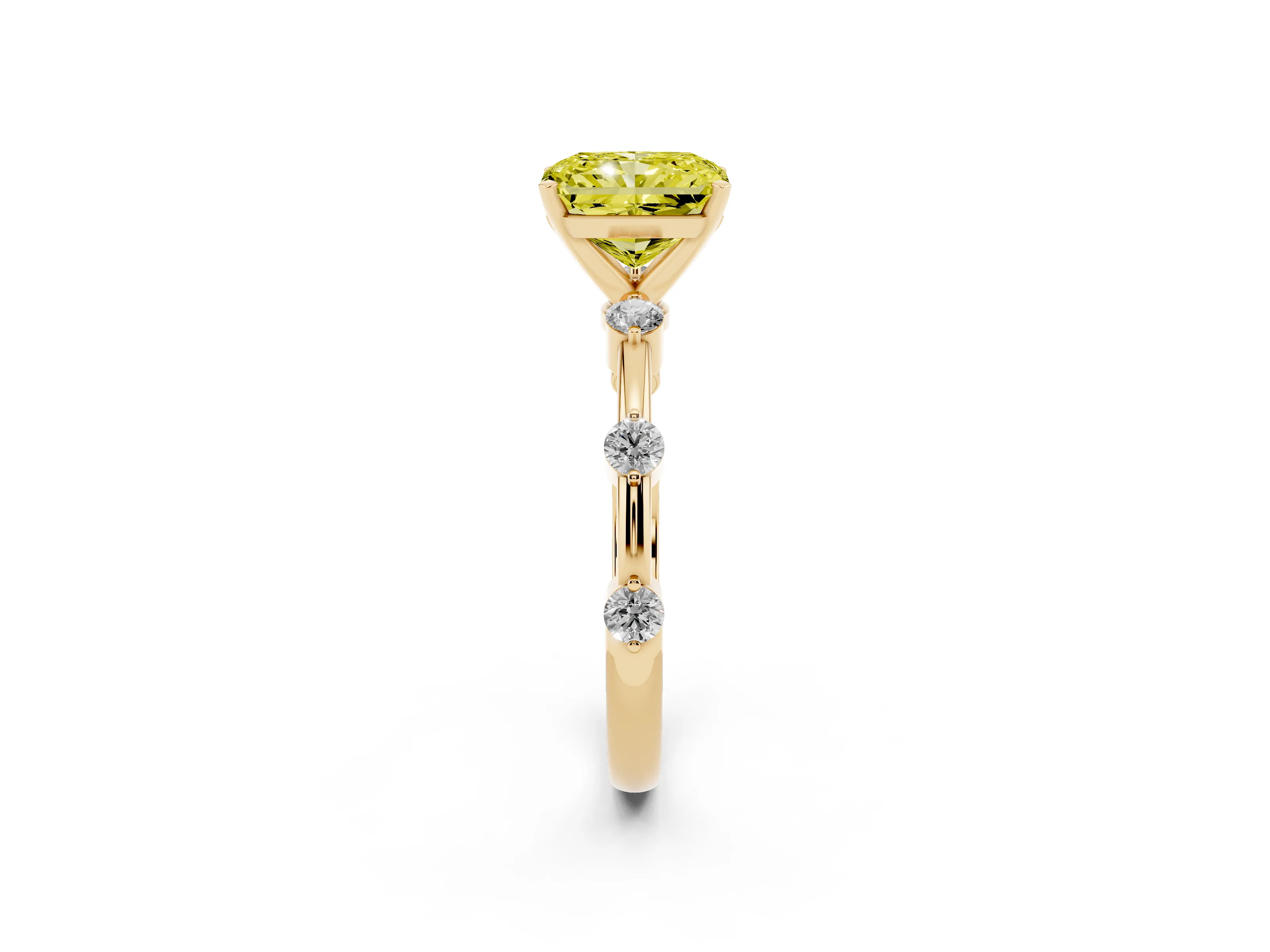 Fancy Yellow Radiant Cut Diamond Solitaire Ring Set in Yellow gold with Bezel Set Side Stones and Prong Setting