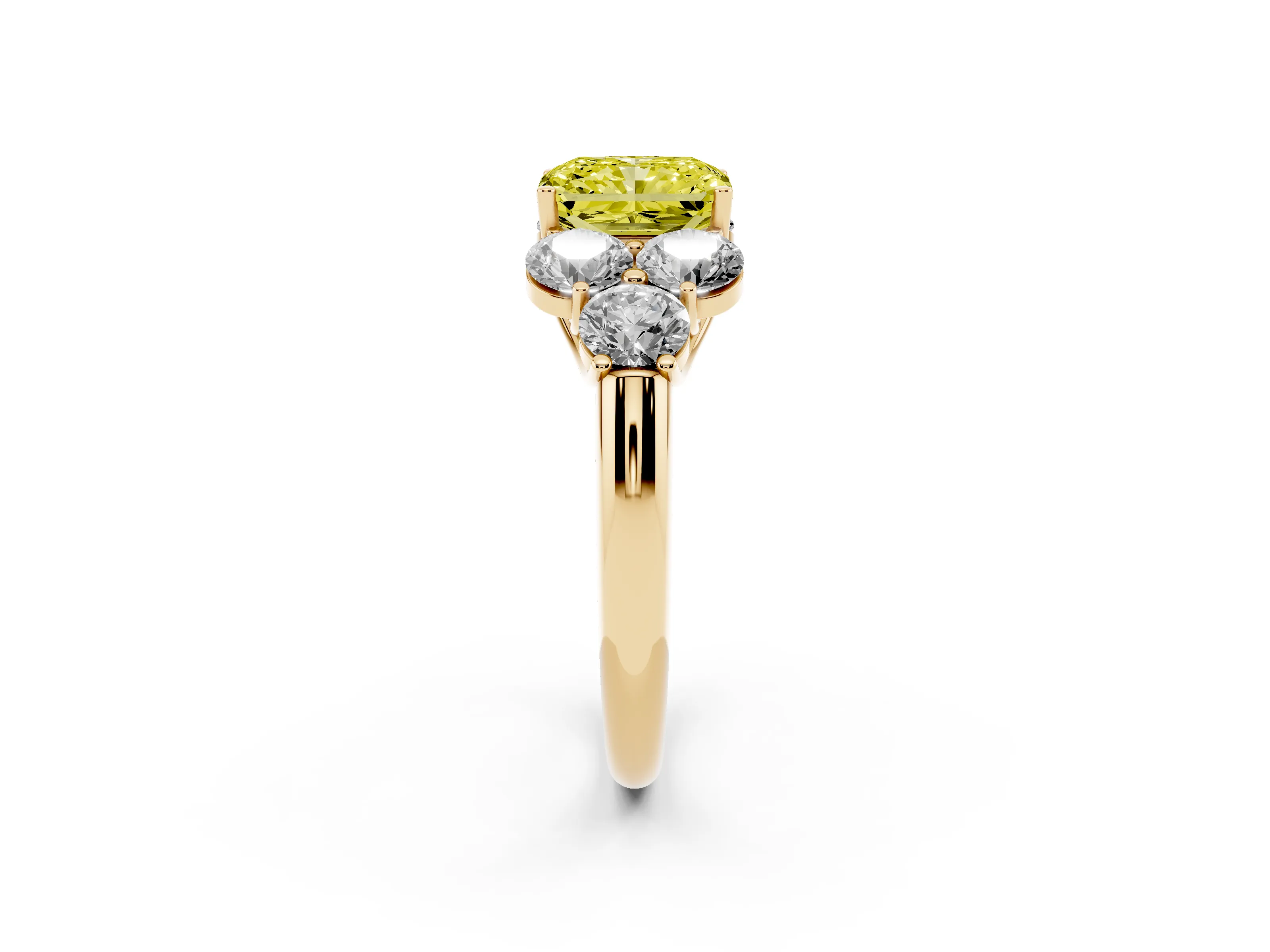 Fancy Yellow Radiant Cut Diamond Cluster Ring Set in Yellow gold with Round Accent Stones and Prong Setting on a Plain Band