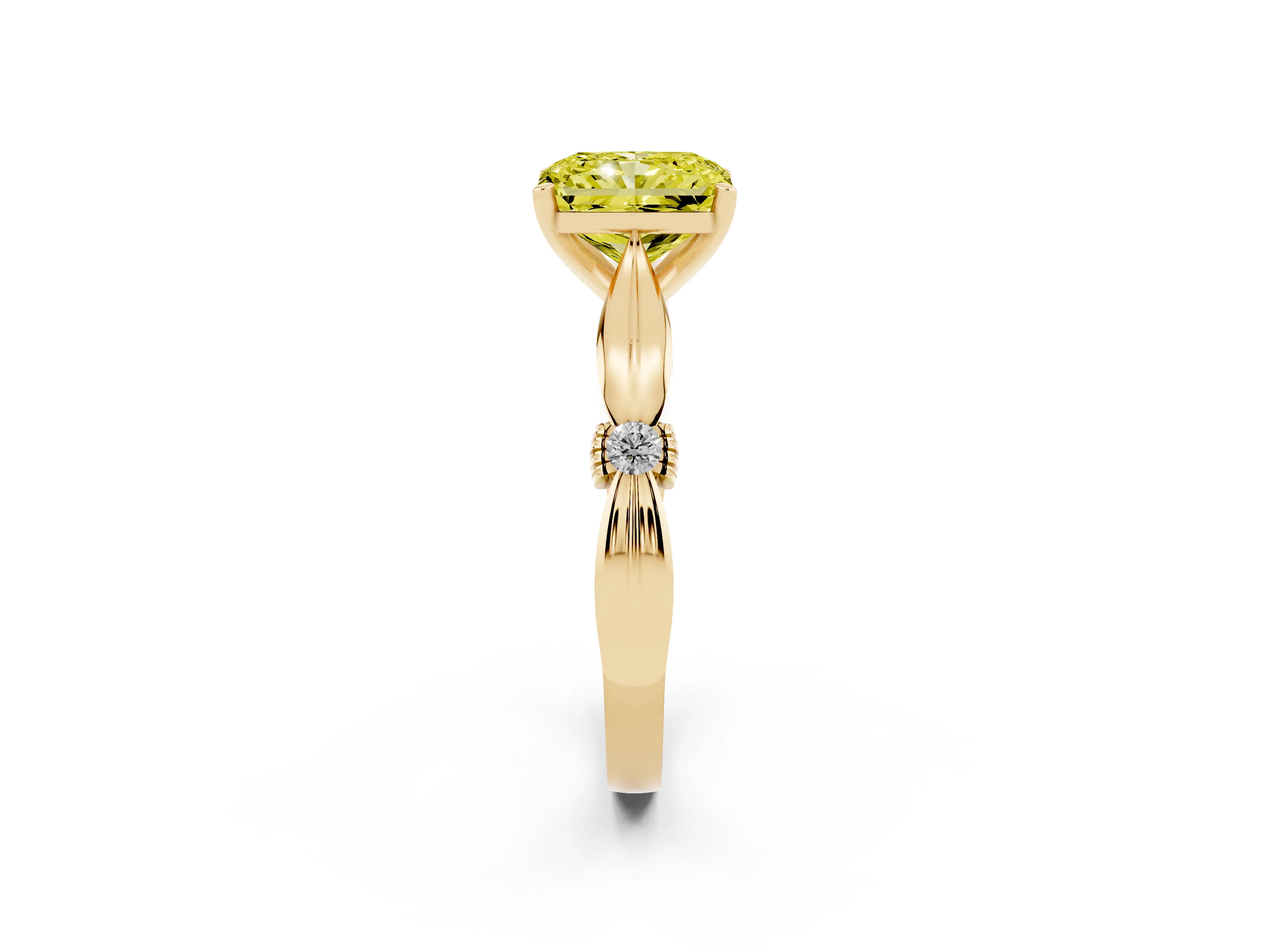 Fancy Yellow Radiant Cut Diamond Solitaire Twisted Band Ring Set in Yellow gold with Accent Stones and Prong Setting