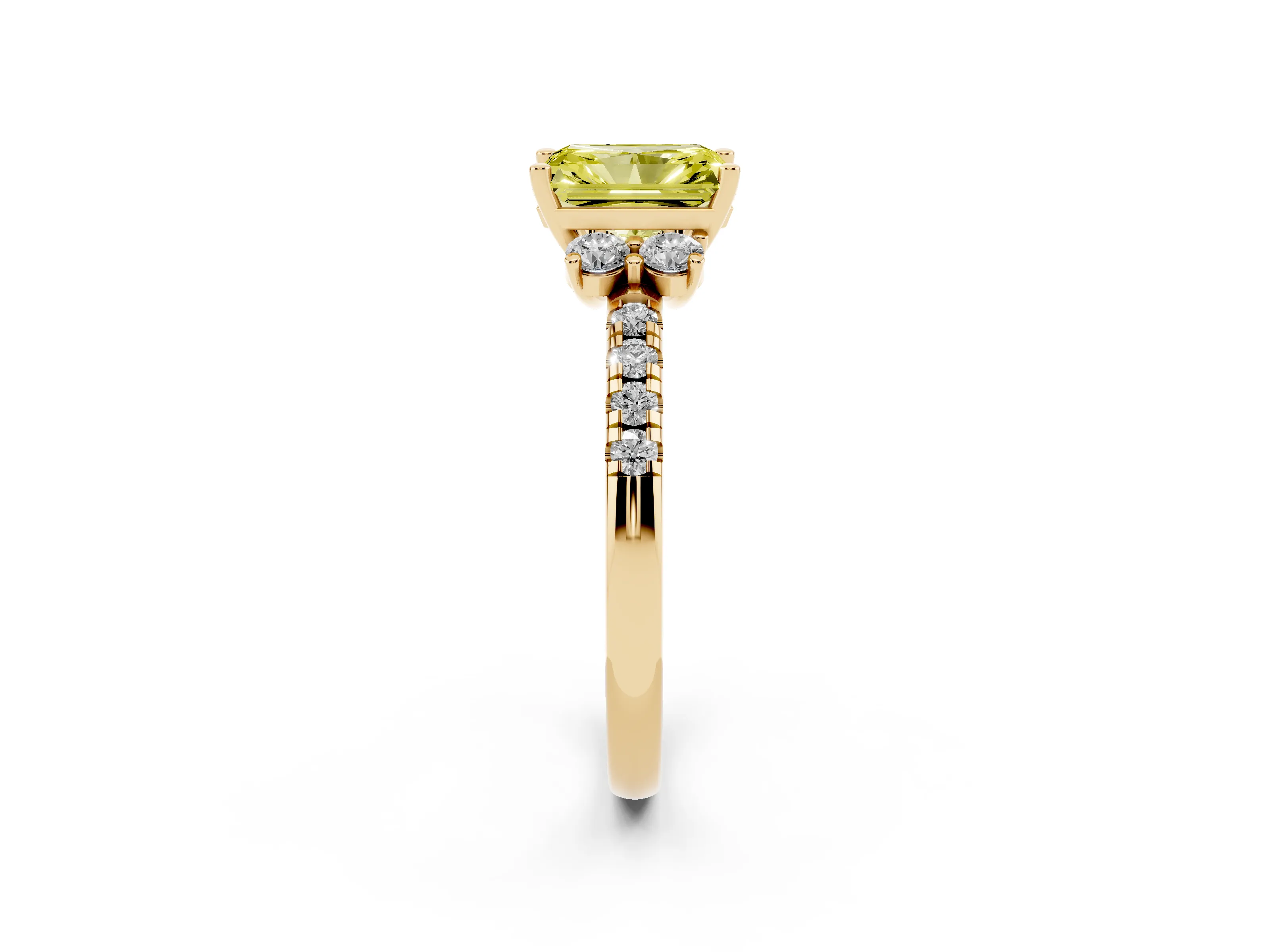 Fancy Yellow Radiant Cut Diamond Three-Stone Pavé Ring Set in Yellow gold with Prong Setting