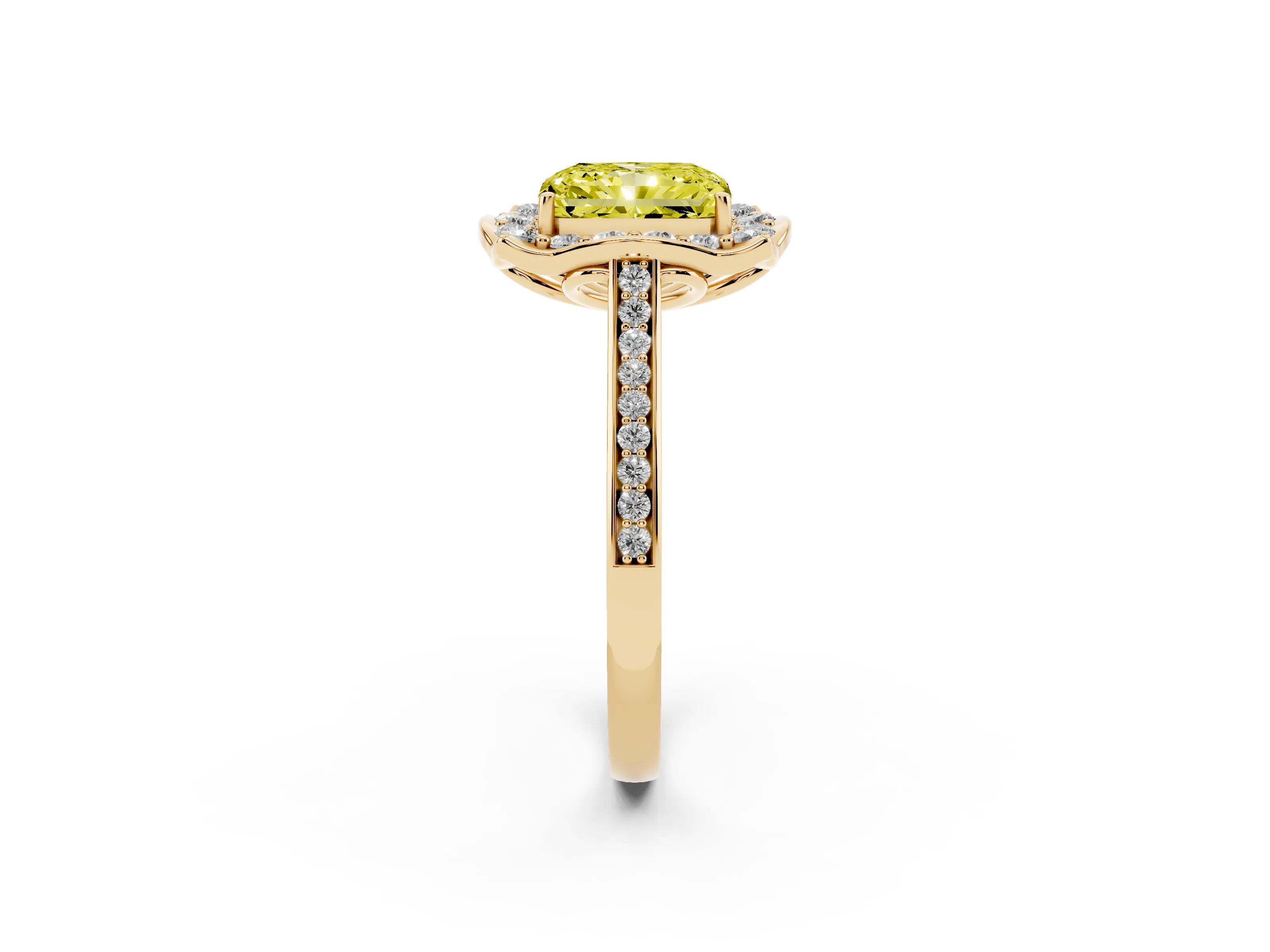 Fancy Yellow Radiant Cut Diamond Halo Ring Set in Yellow gold with Pavé-Lined Shoulders and Prong Setting