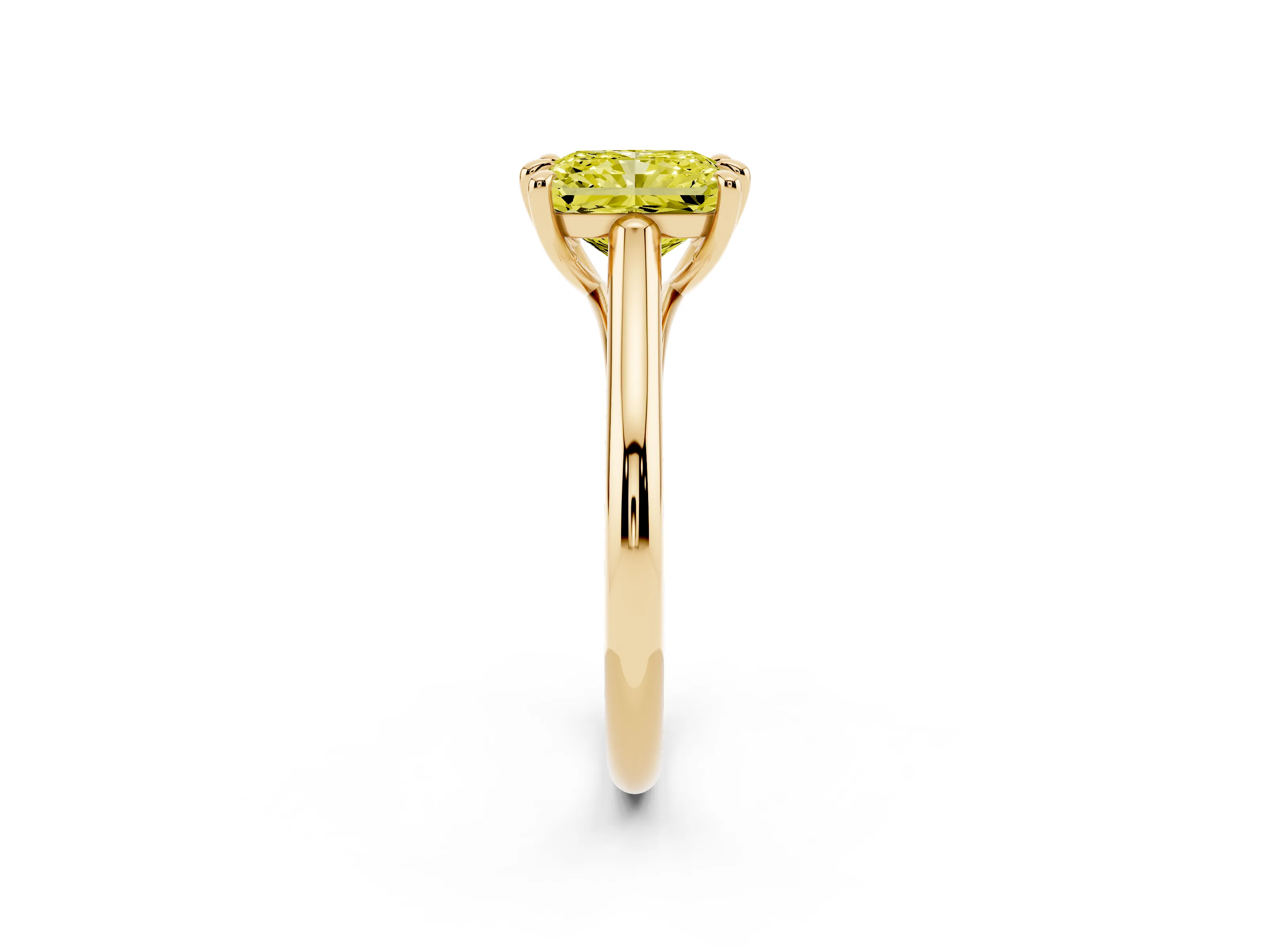 Fancy Yellow Radiant Cut Diamond Solitaire Engagement Ring Set in Yellow gold with Prong Setting and Plain Classic Band