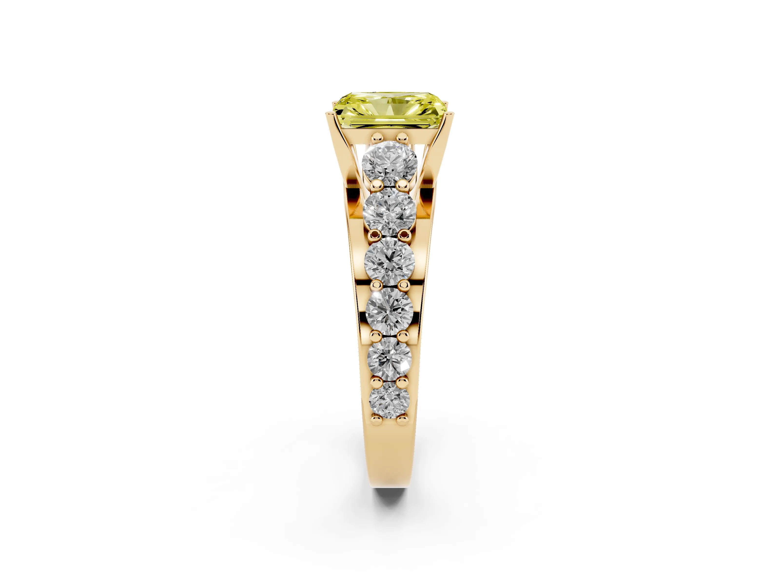 Fancy Yellow Radiant Cut Diamond Pavé Engagement Ring Set in Yellow gold with Prong Setting