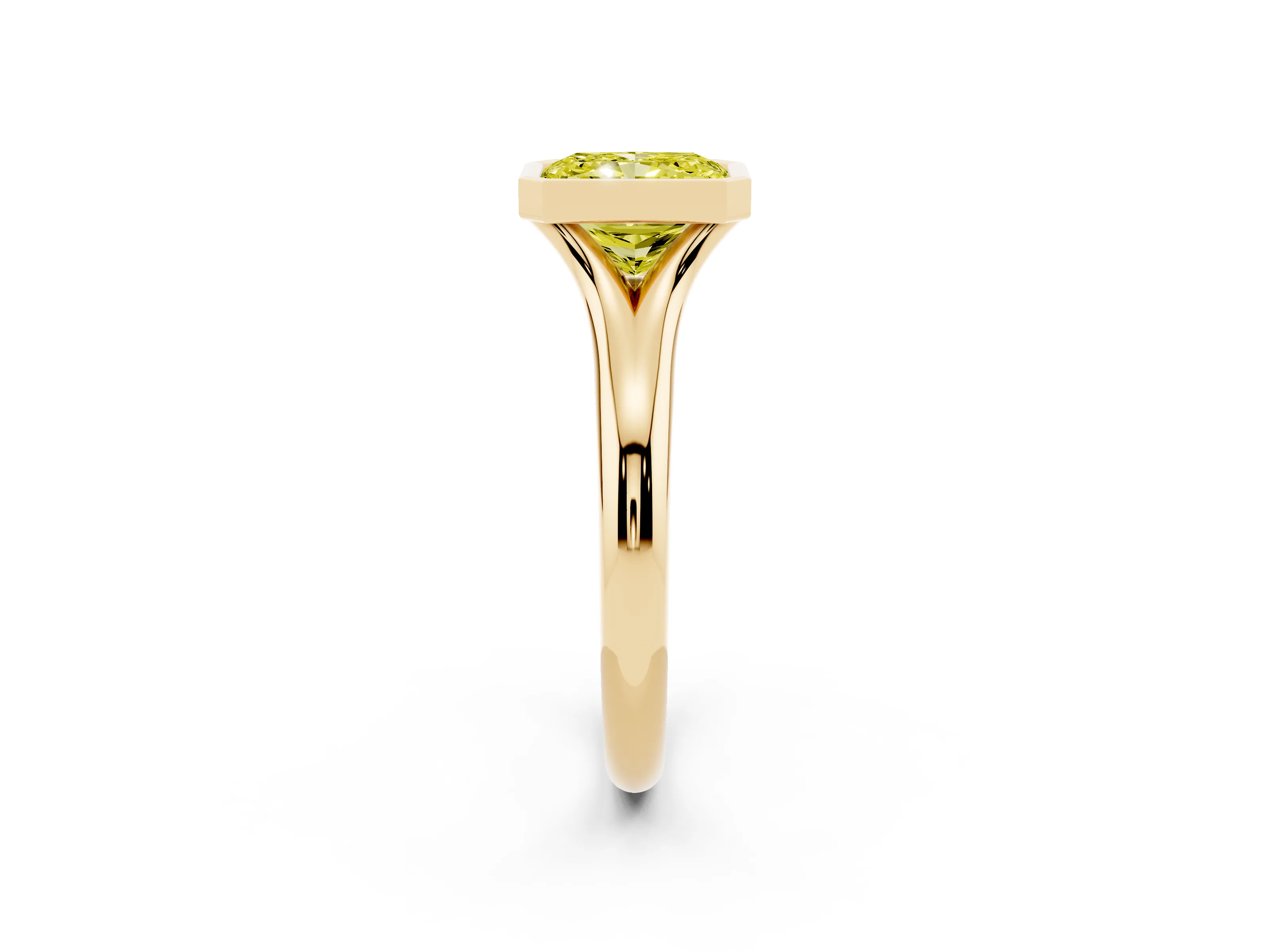 Fancy Yellow Bezel Set Radiant Cut Diamond Solitaire Ring Set in Yellow gold with Smooth Band