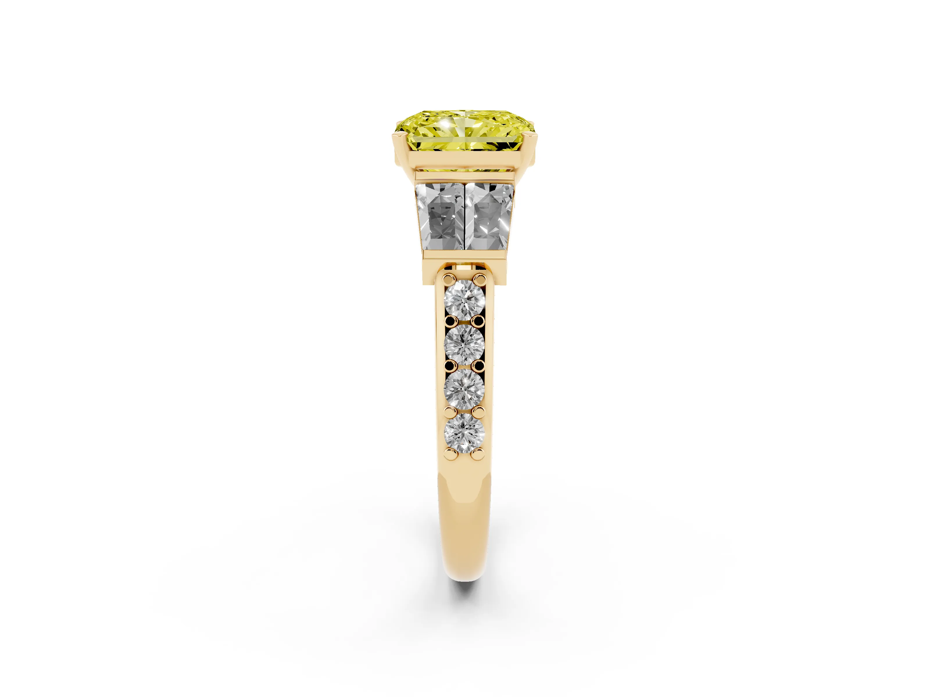 Fancy Yellow Radiant Cut Diamond Engagement Ring Set in Yellow gold with Baguette Side Stones and Channel Set Band