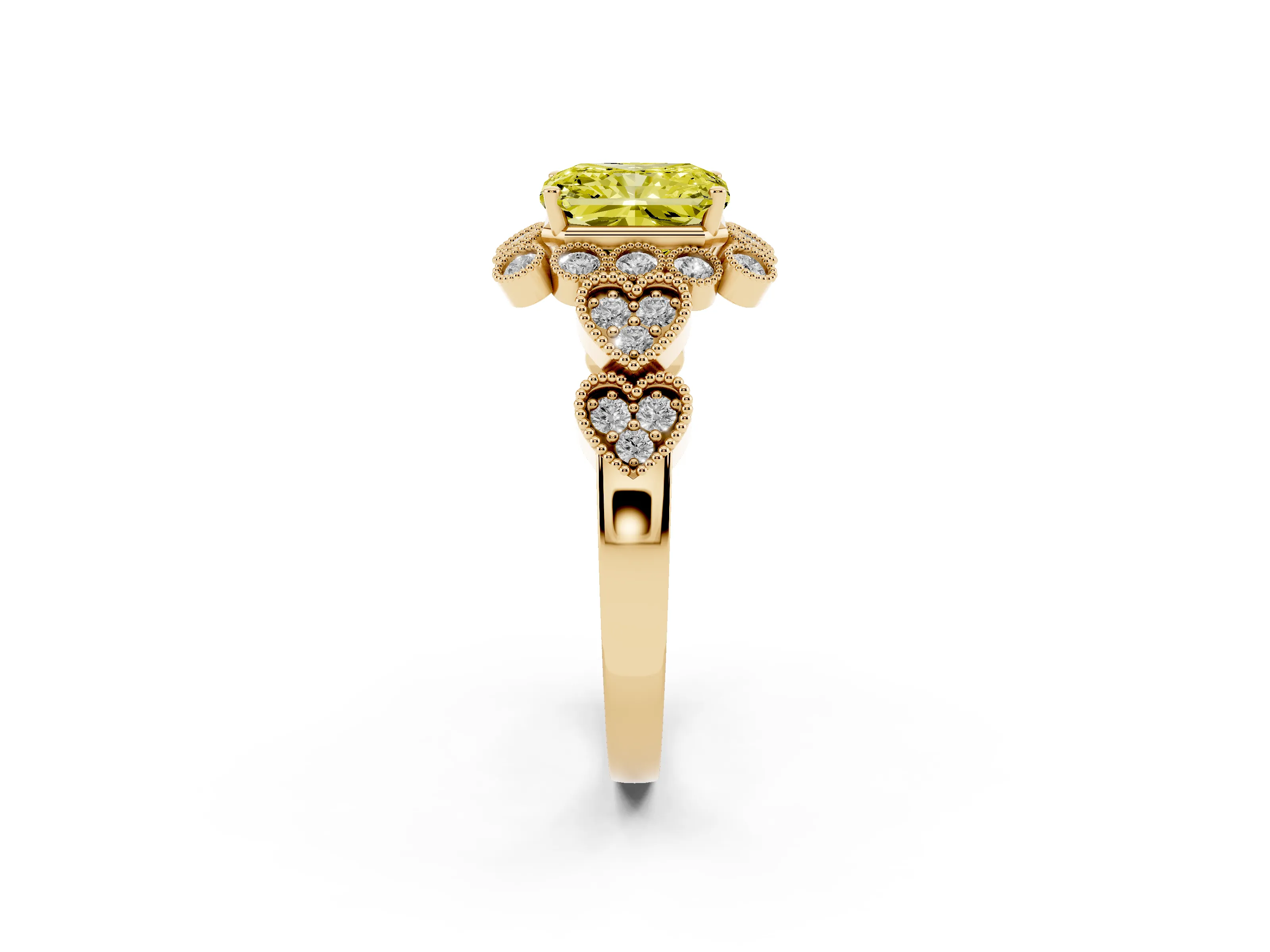 Fancy Yellow Radiant Cut Diamond Solitaire Ring Set in Yellow gold with Milgrain Pavé Heart Band